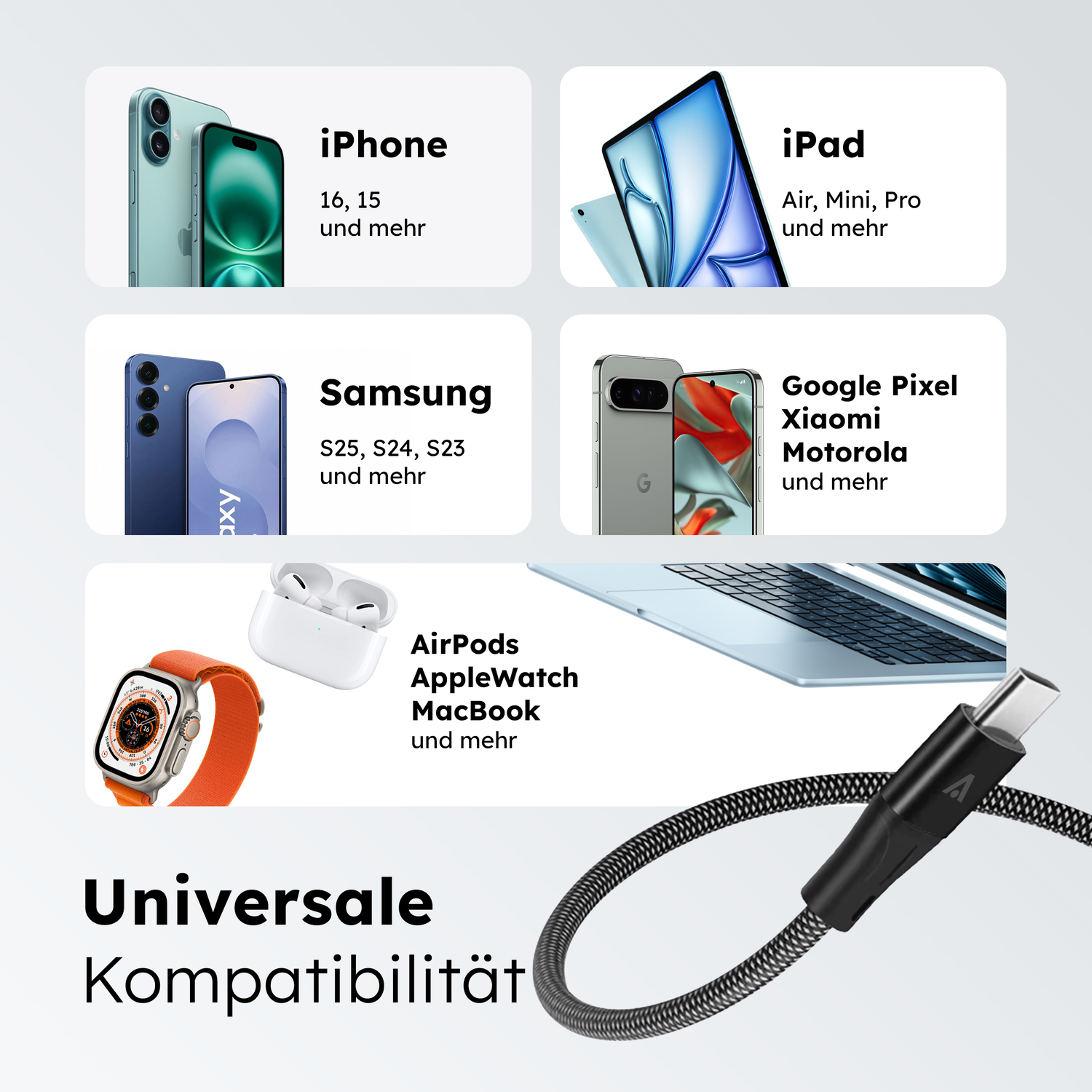 alkaya. | Speed Flex | Magnetisches Ladekabel | Geflochten | USB C+C, schwarz, 1 Meter