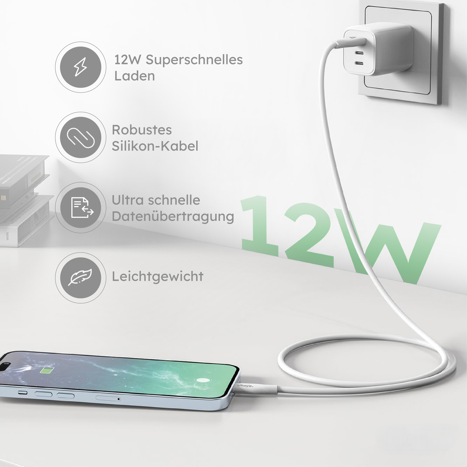 alkaya. | Speed Flex | Ladekabel | Silikon | USB A+L Weiß, 1 Meter