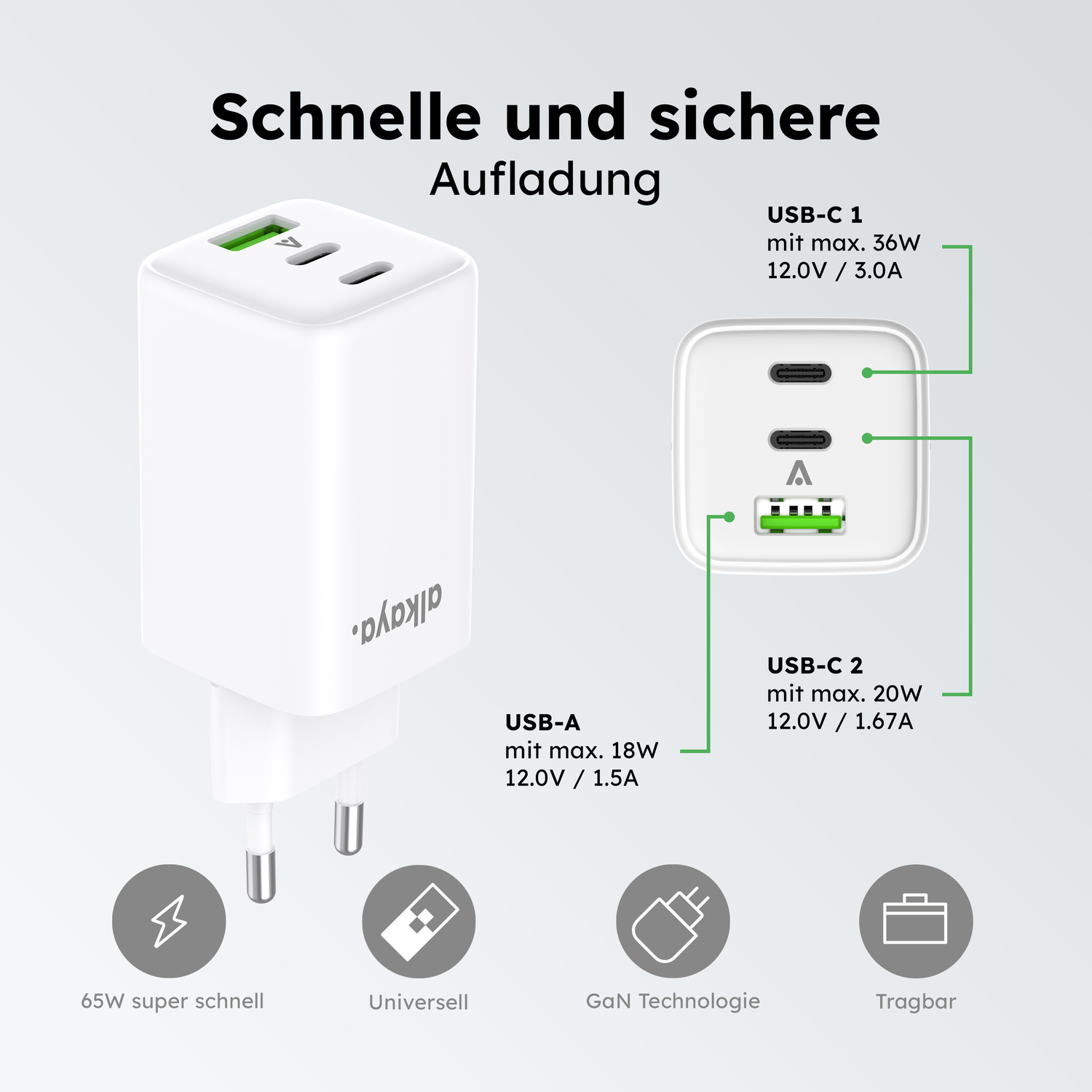 alkaya. | NEXUS | Ladegerät mit GaN Technologie | 65W Weiß, USB C+C+A