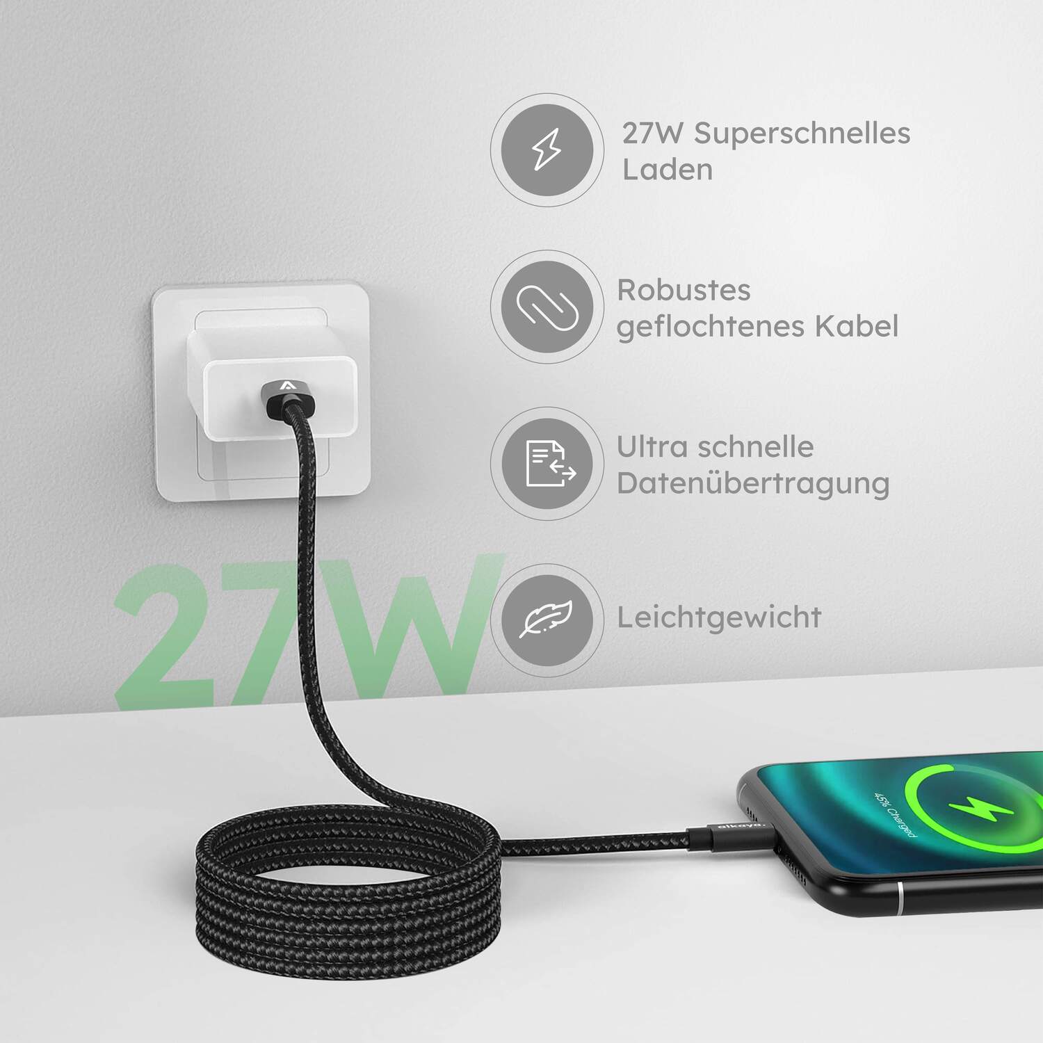 alkaya. | Speed Flex | Ladekabel | Geflochten | USB C+L 2m, Schwarz