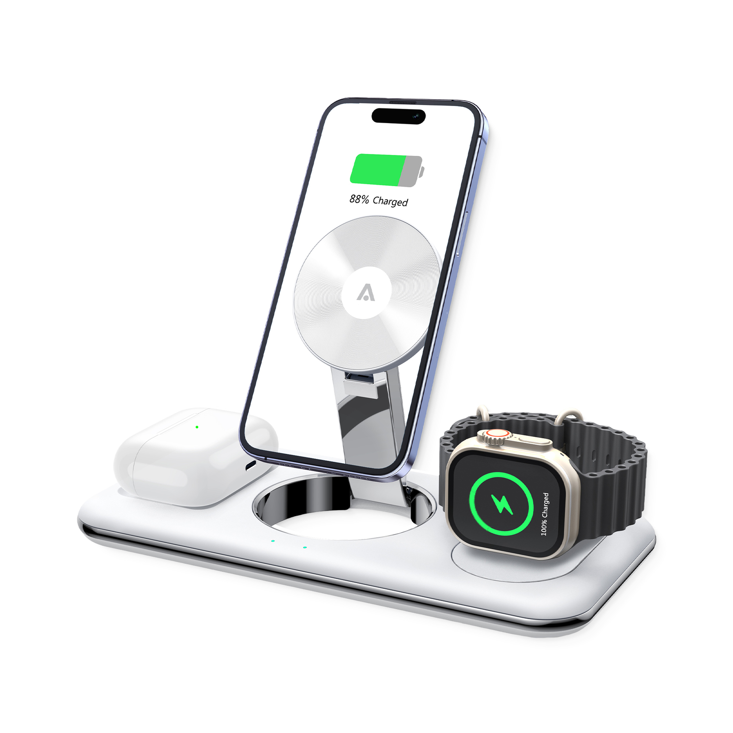 alkaya. | Trifector | 3 in 1 Wireless Ladestation: Handy, Apple Watch und Headset, Kompatibel mit MagSafe-Zubehör, weiß