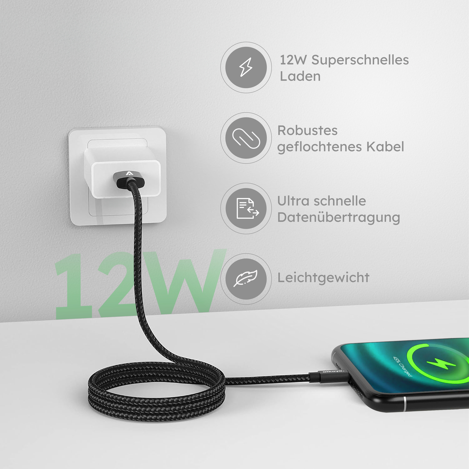 alkaya. | Speed Flex | Ladekabel | Geflochten | USB A+L schwarz, 1Meter