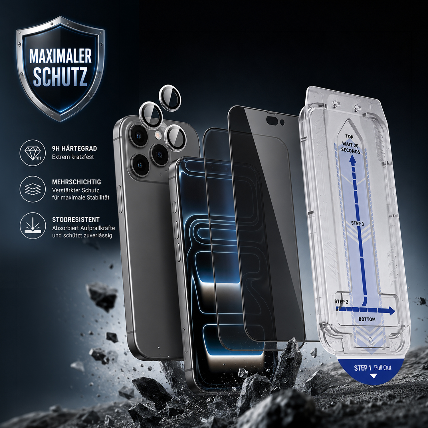 alkaya. | 2 In 1 A Shield | 2x Displayschutzglas mit Installation Kit + 1x Kameraschutzglas, privacy, iPhone 18 Pro
