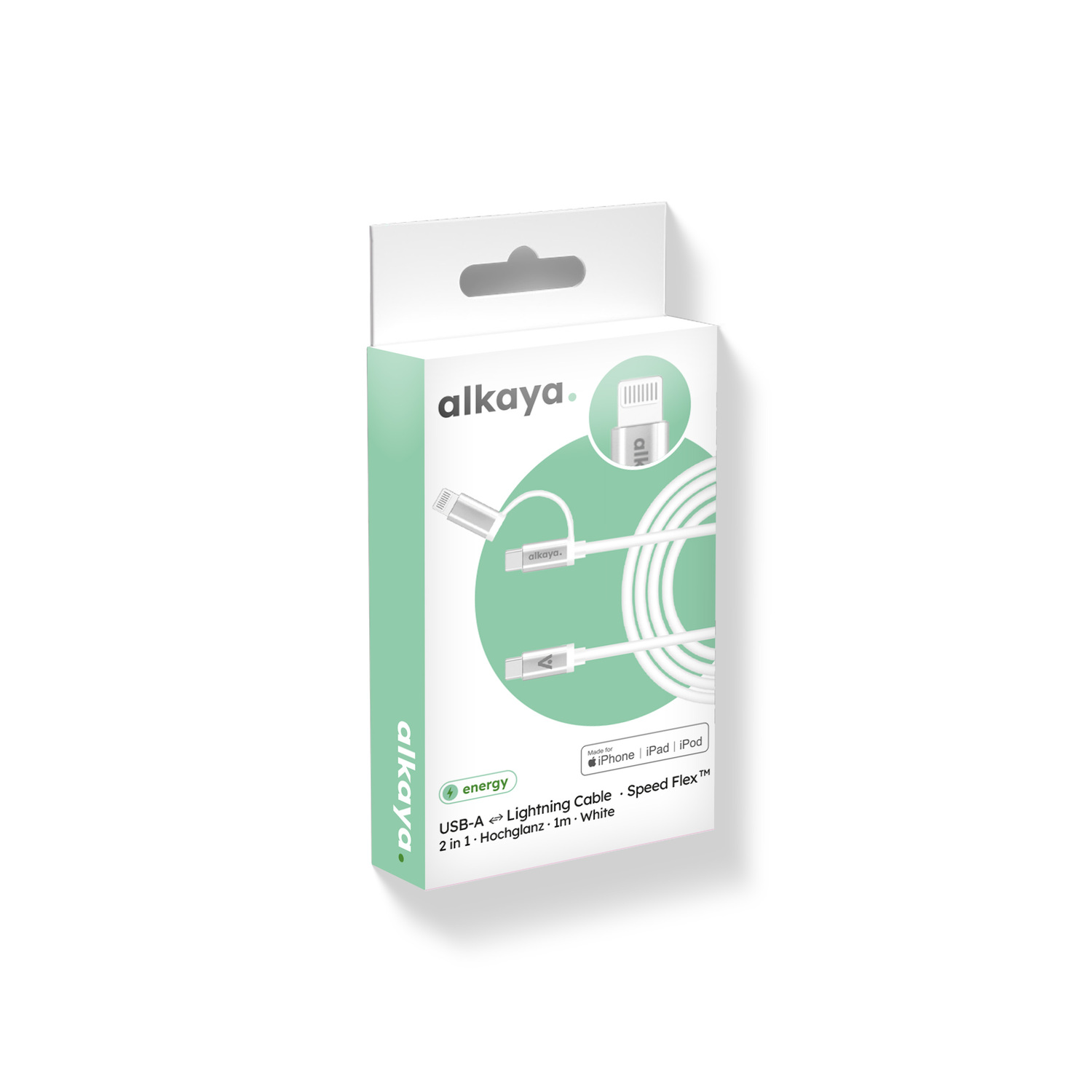alkaya. | Speed Flex | 2 in 1 Ladekabel | Hochglanz | USB C+C+L Weiß, 1 Meter