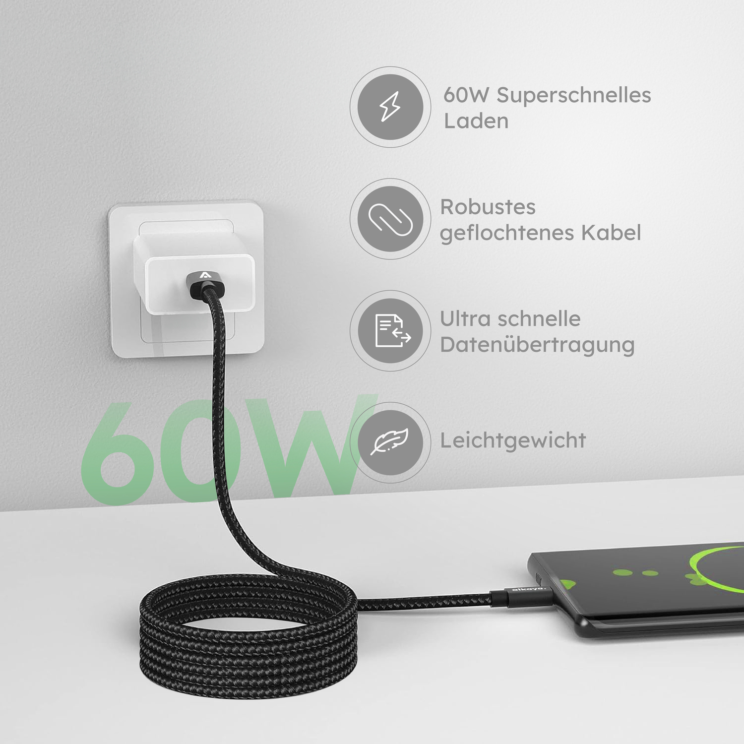 alkaya. | Speed Flex | Ladekabel | Geflochten | USB C+C 2m, Schwarz