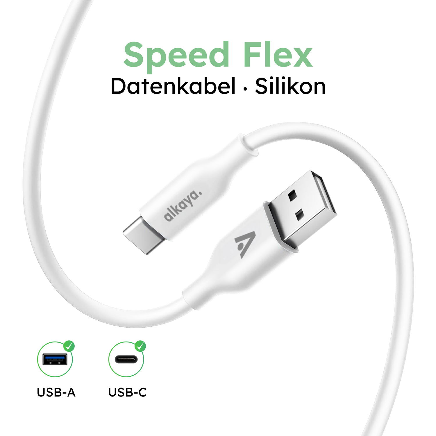 alkaya. | Speed Flex | Ladekabel | Silikon | USB A+C Weiß, 1 Meter