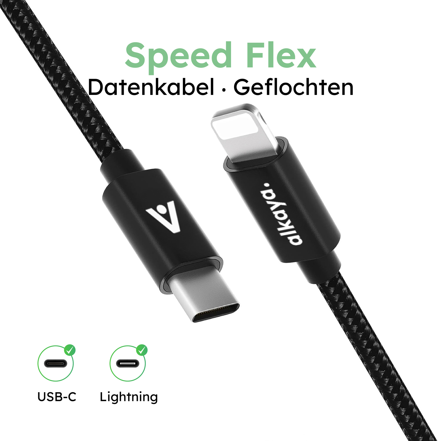 alkaya. | Speed Flex | Ladekabel | Geflochten | USB C+L 2m, Schwarz