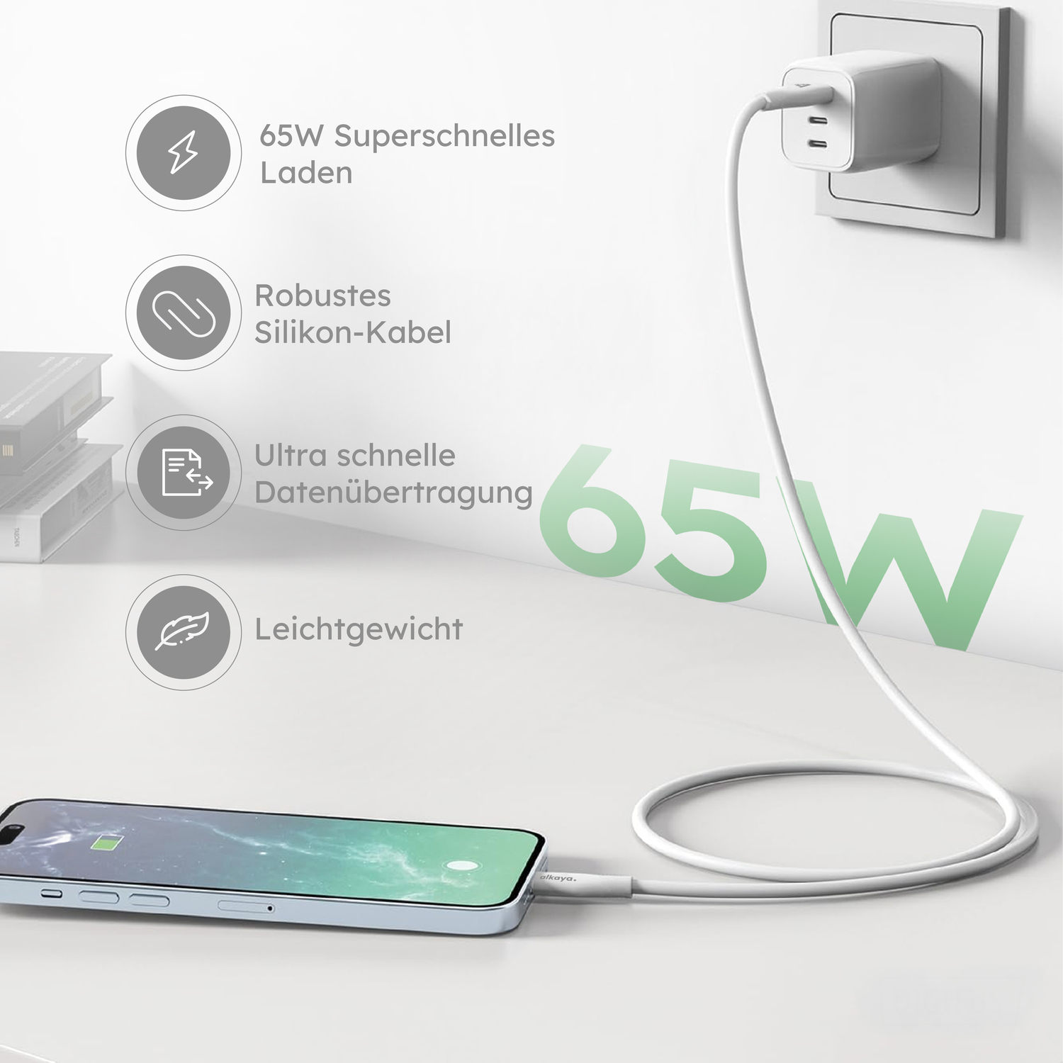 alkaya. | Speed Flex | Ladekabel | Silikon | USB C+C Weiß, 1 Meter