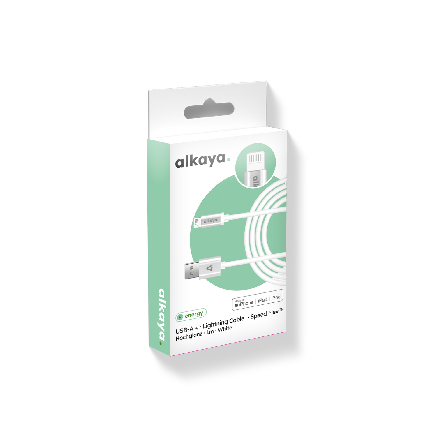 alkaya. | Speed Flex | 2 in 1 Ladekabel | Hochglanz | USB A+L Weiß, 1 Meter