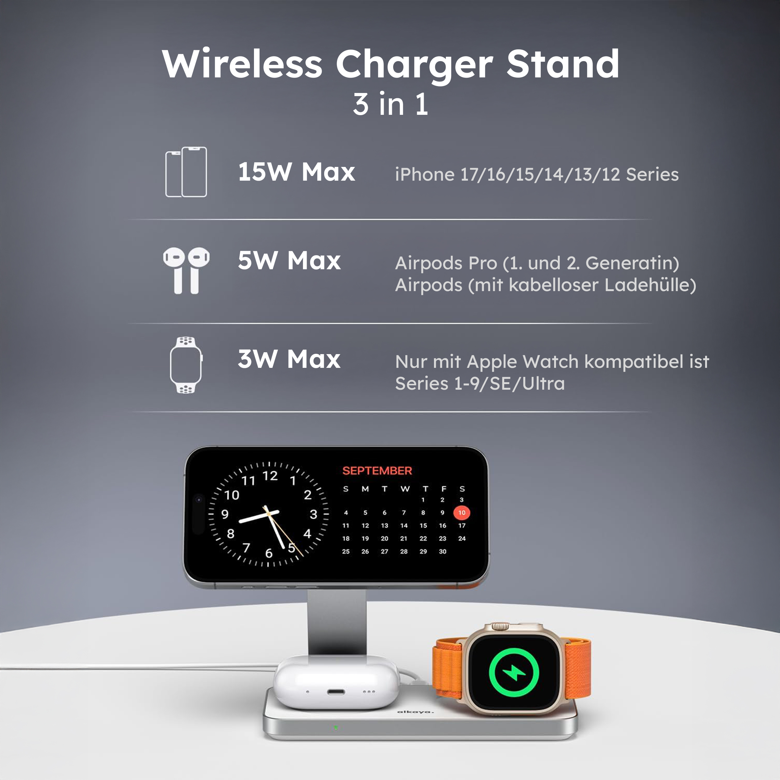 alkaya. | Tripod Wireless Ladestation - 3 in 1 | (Phone, Watch, Headset), White