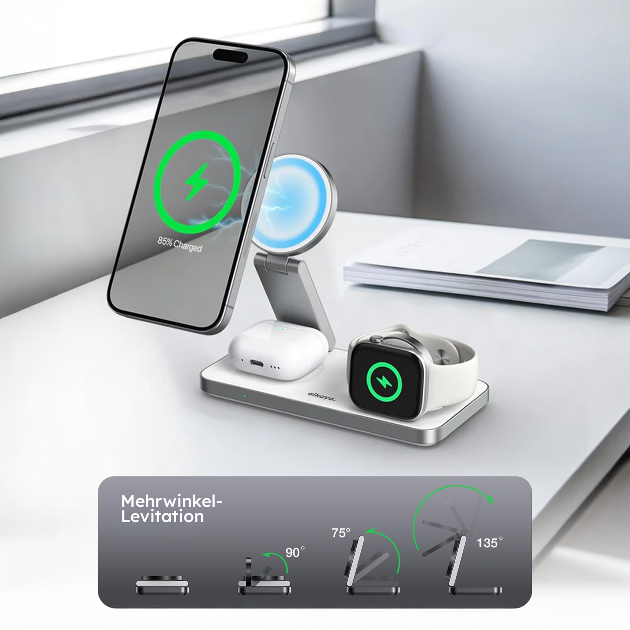 alkaya. | Tripod Wireless Ladestation - 3 in 1 | (Phone, Watch, Headset), White
