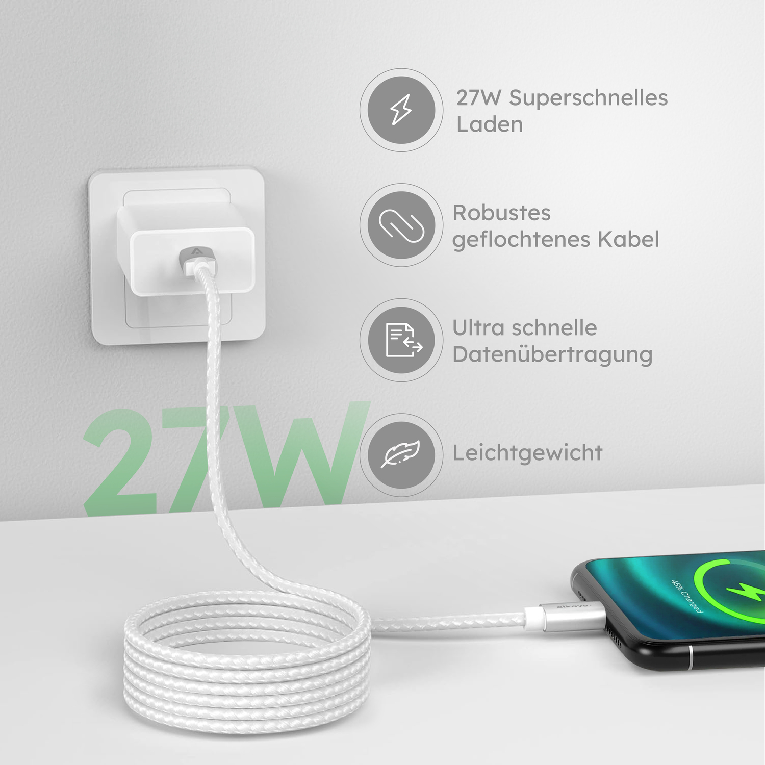 alkaya. | Speed Flex | Ladekabel | Geflochten | USB C+L 2m, Weiß