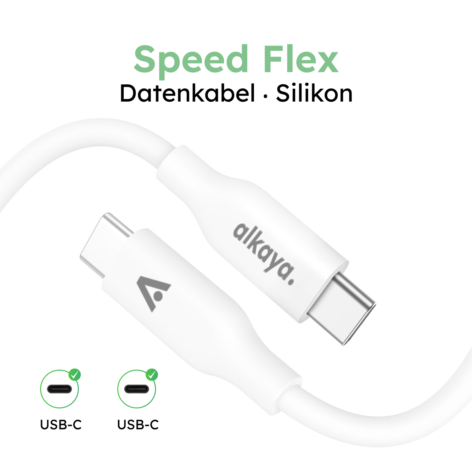 alkaya. | Speed Flex | Ladekabel | Silikon | USB C+C Weiß, 1 Meter