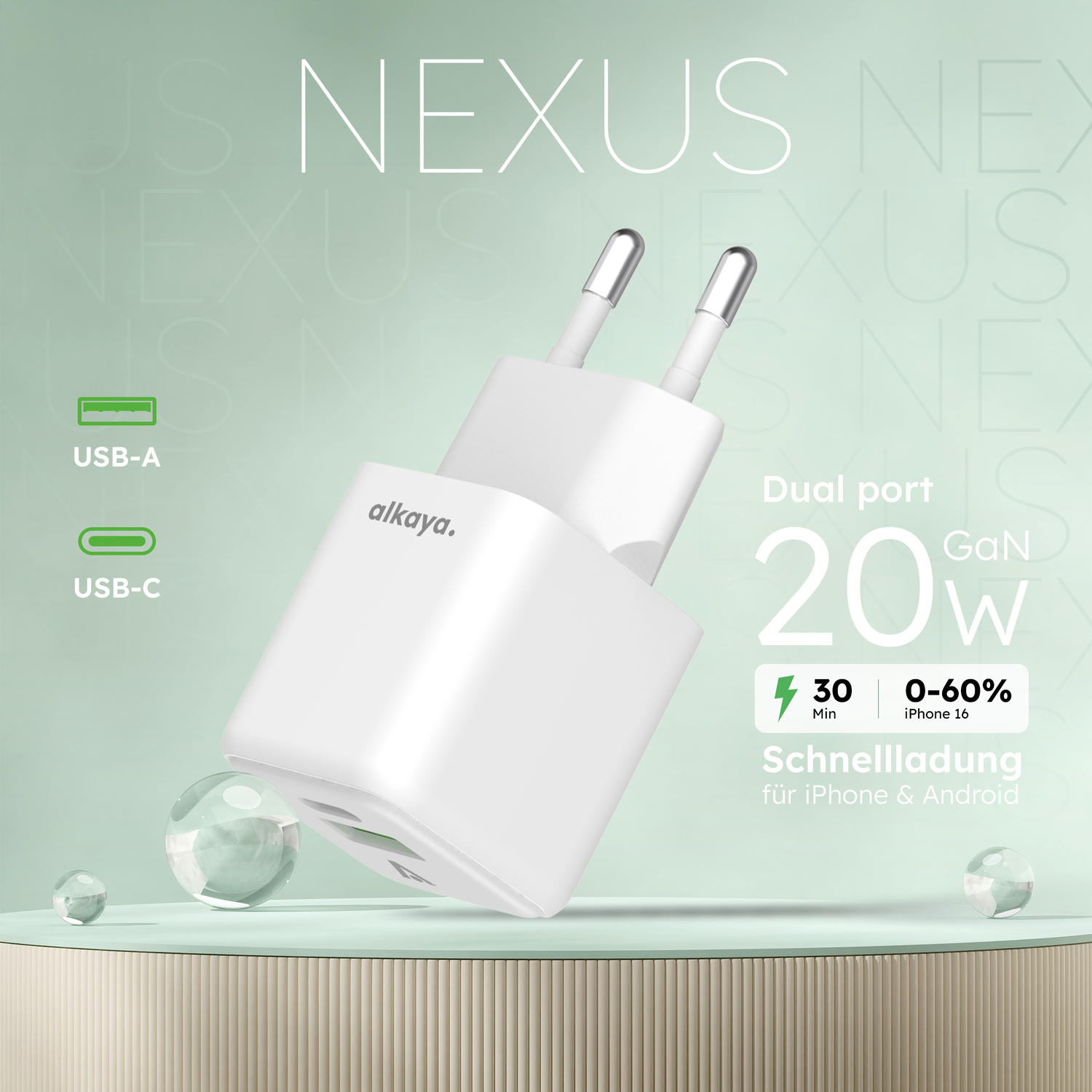 alkaya. | NEXUS | Ladegerät mit GaN Technologie | 20W Weiß, USB C+A