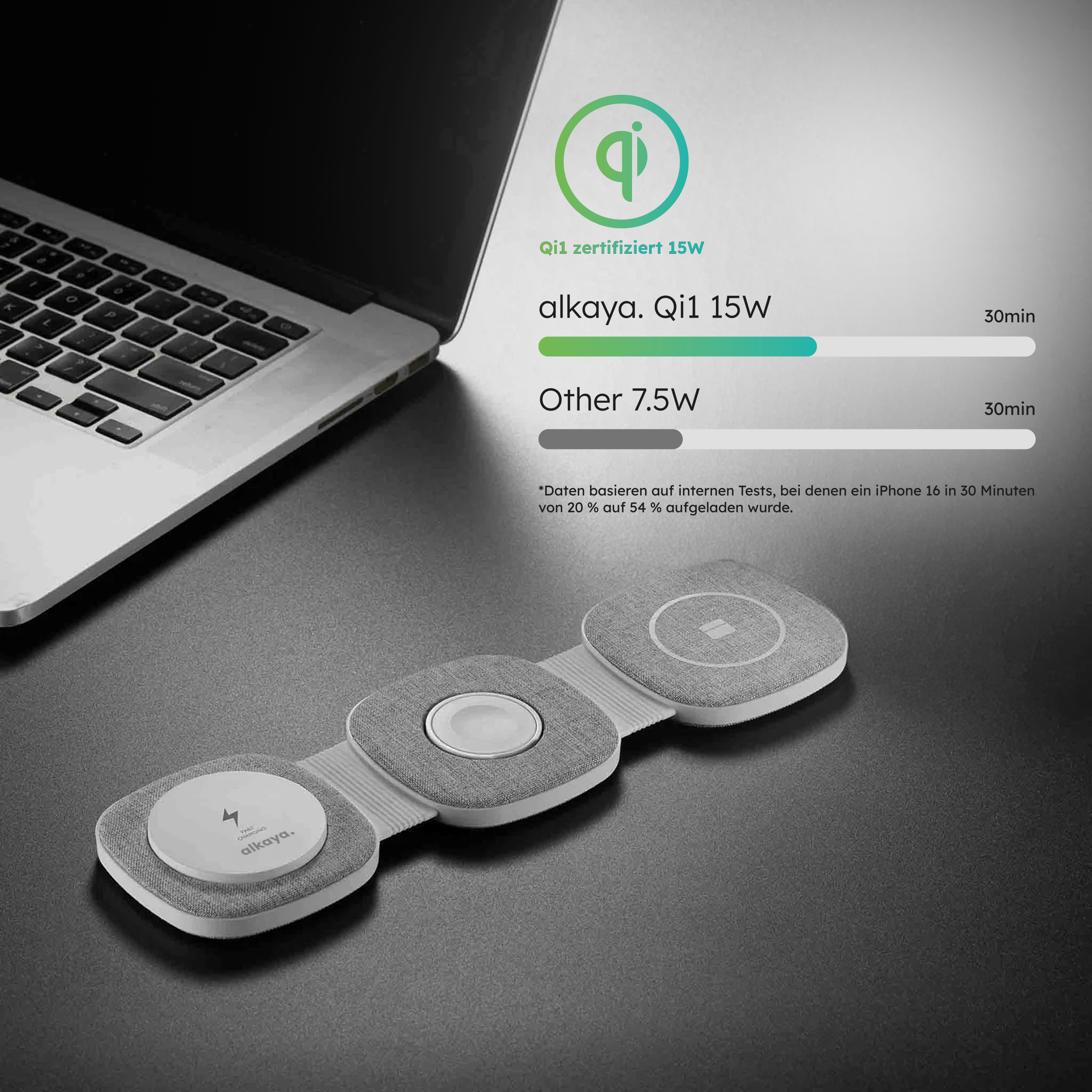 alkaya. | Flex Fold 2.0| Trinity charger 3 in 1, Grau Apple Watch und Headset, für MagSafe-Zubehör geeignet
