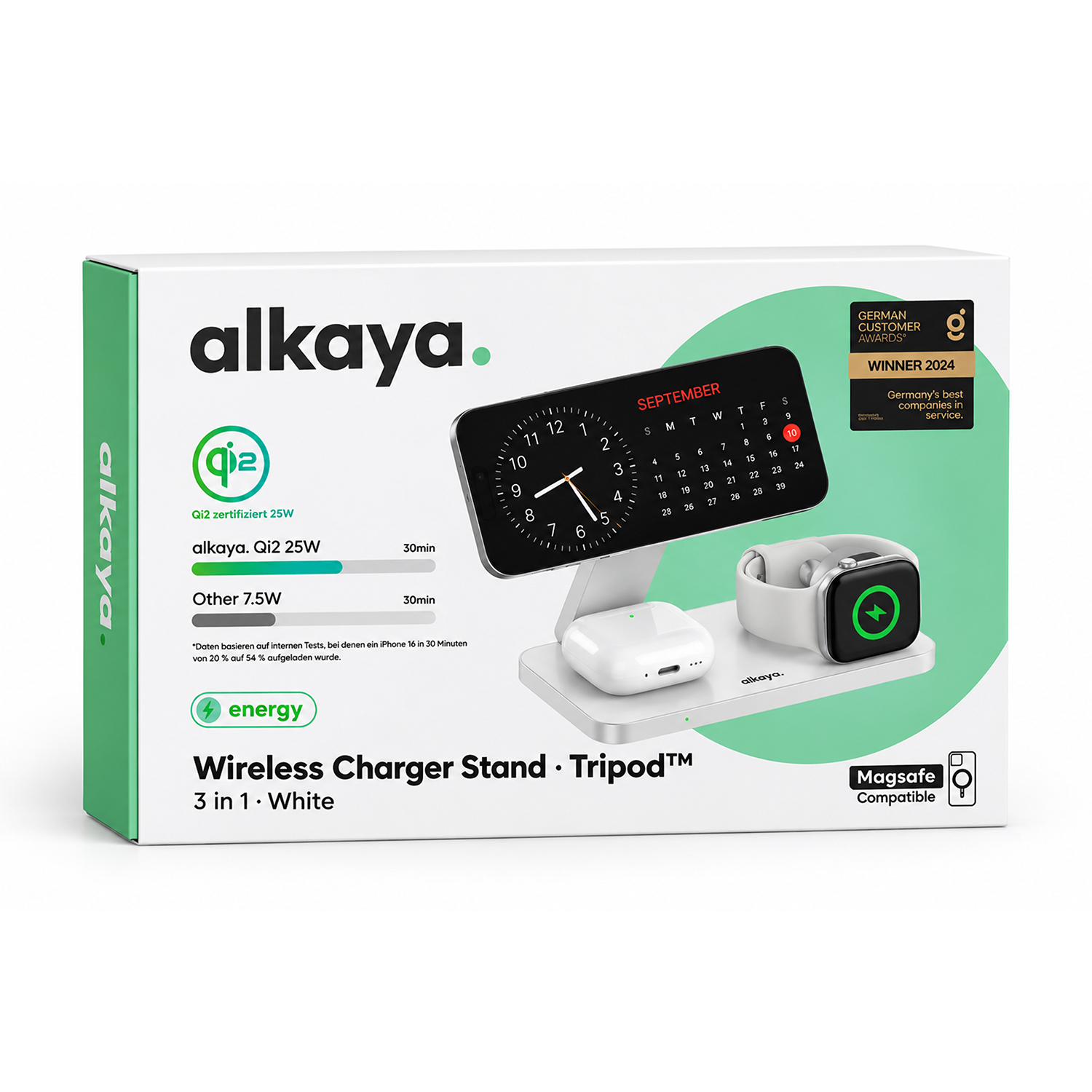 alkaya. | Tripod Wireless Ladestation - 3 in 1 | (Phone, Watch, Headset), White
