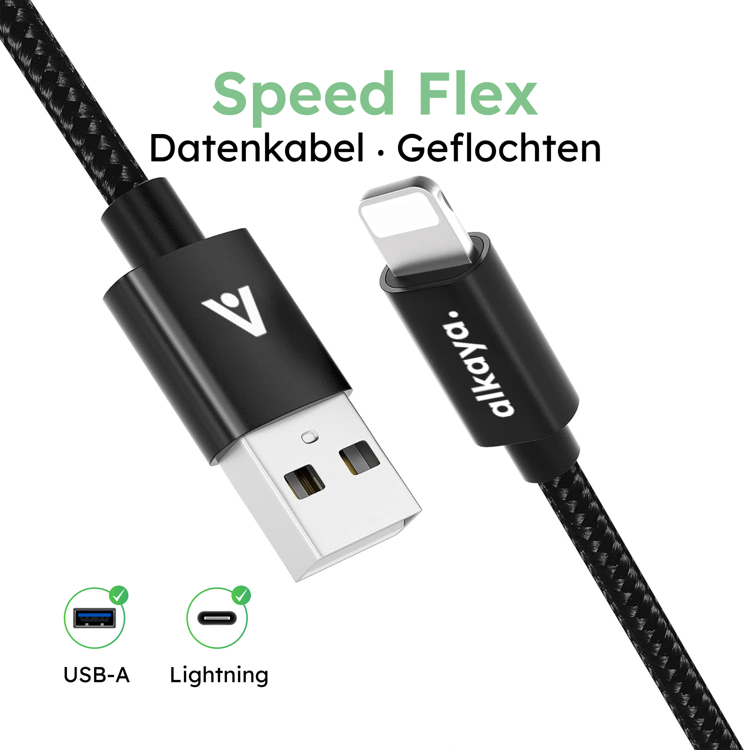 alkaya. | Speed Flex | Ladekabel | Geflochten | USB A+L schwarz, 1Meter