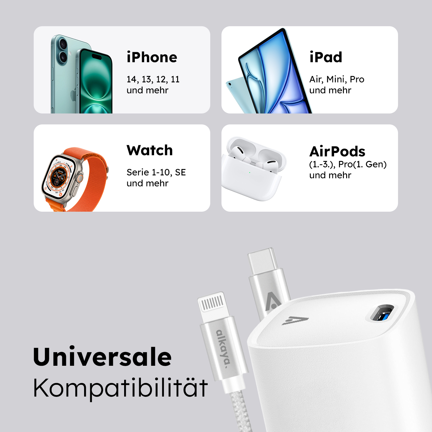 alkaya. | NEXUS Speed Flex | Charger Set | 20 Watt USB C/L Universal Kompatibilität, weiß