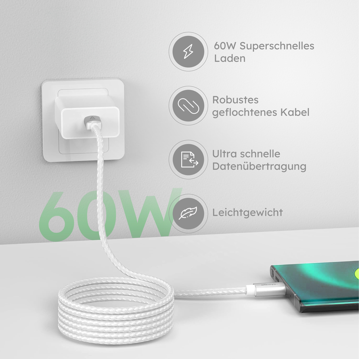alkaya. | Speed Flex | Ladekabel | Geflochten | USB C+C 2m, Weiß