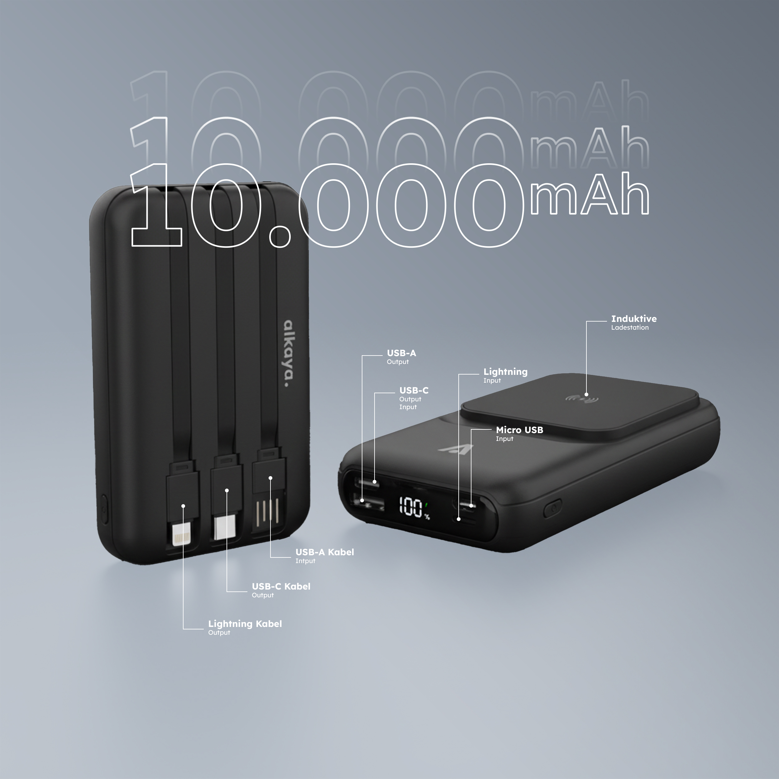alkaya. | Thor | 10.000 mAh Powerbank 3 in 1: Induktives Laden, unterstützt MagSafe-Technologie, schwarz