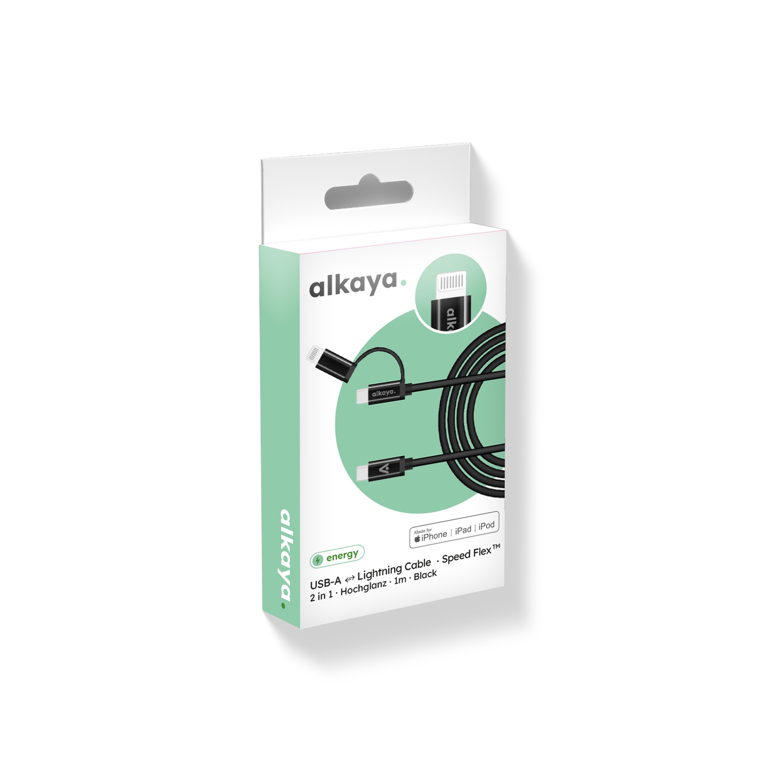 alkaya. | Speed Flex | 2 in 1 Ladekabel | Hochglanz | USB C+C+L Schwarz, 1 Meter