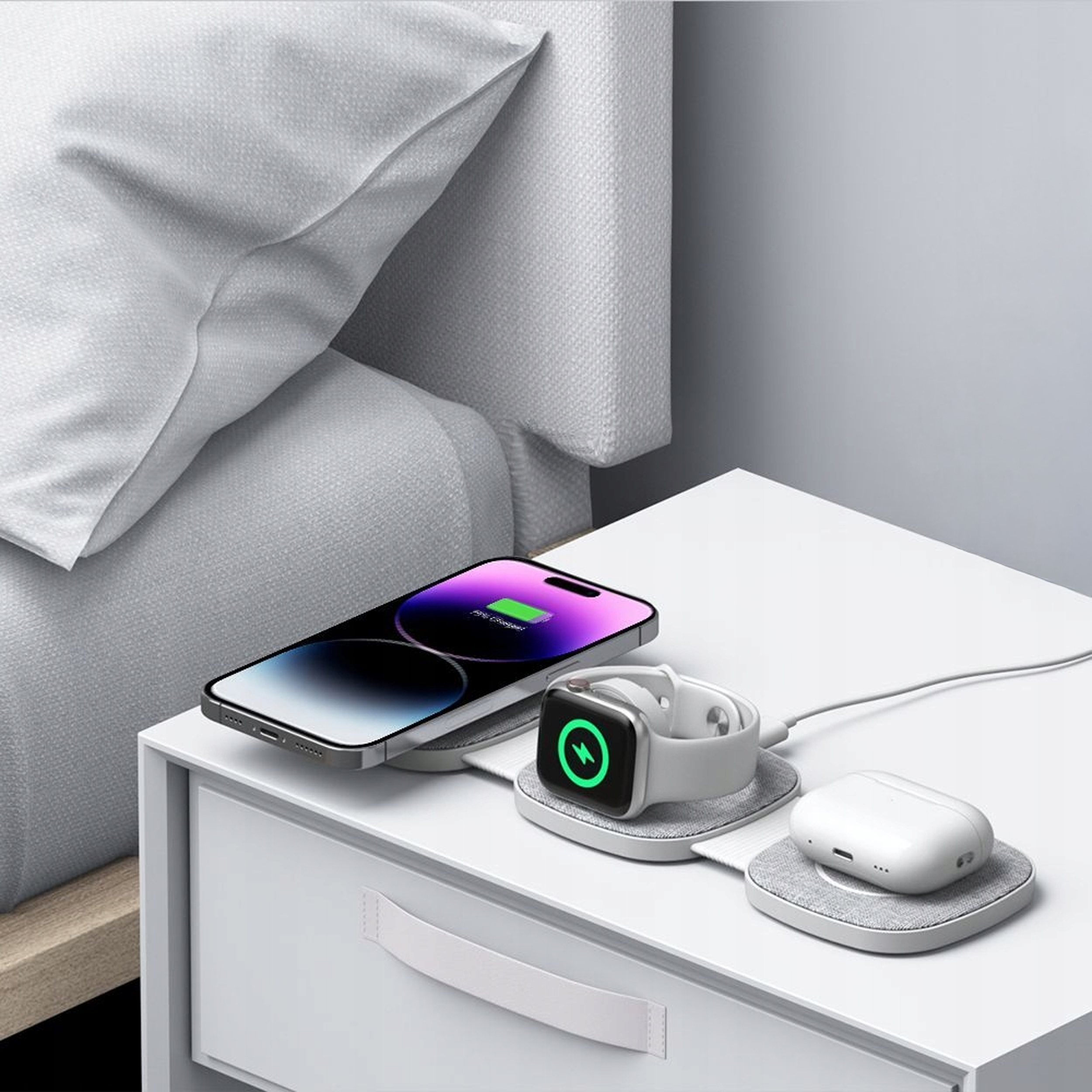 alkaya. | Flex Fold 2.0| Trinity charger 3 in 1, Grau Apple Watch und Headset, für MagSafe-Zubehör geeignet