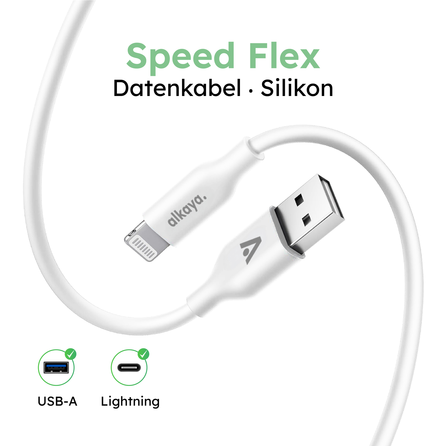 alkaya. | Speed Flex | Ladekabel | Silikon | USB A+L Weiß, 1 Meter