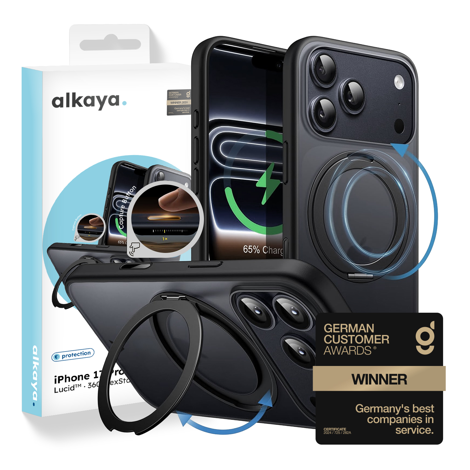alkaya. | LUCID 360 FlexStand Case kompatibel mit Magsafe schwarz, iPhone 18 Pro/17 Pro