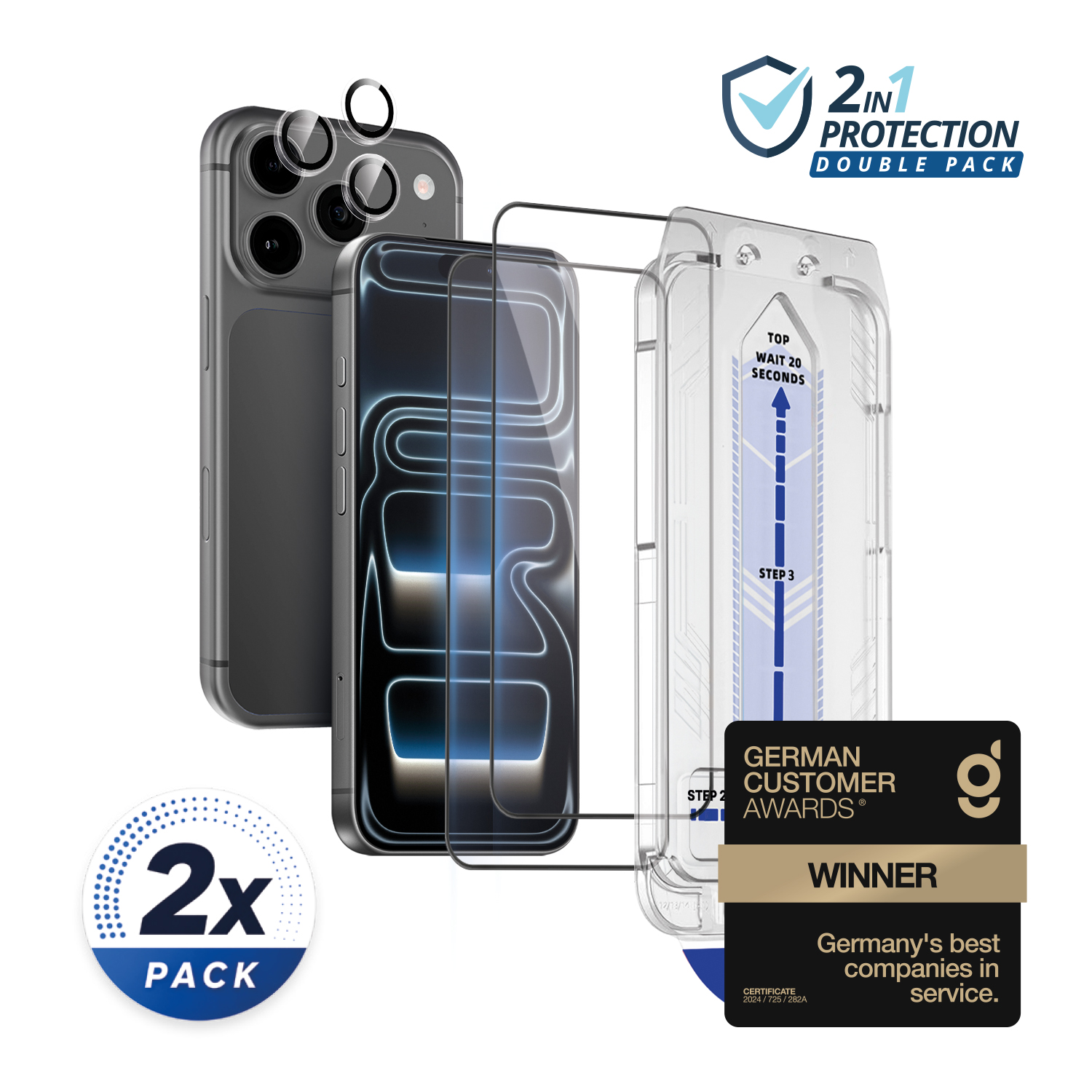 alkaya. | 2 In 1 A Shield | 2x Displayschutzglas mit Installation Kit + 1x Kameraschutzglas, transparent, iPhone 17 Pro/18 Pro