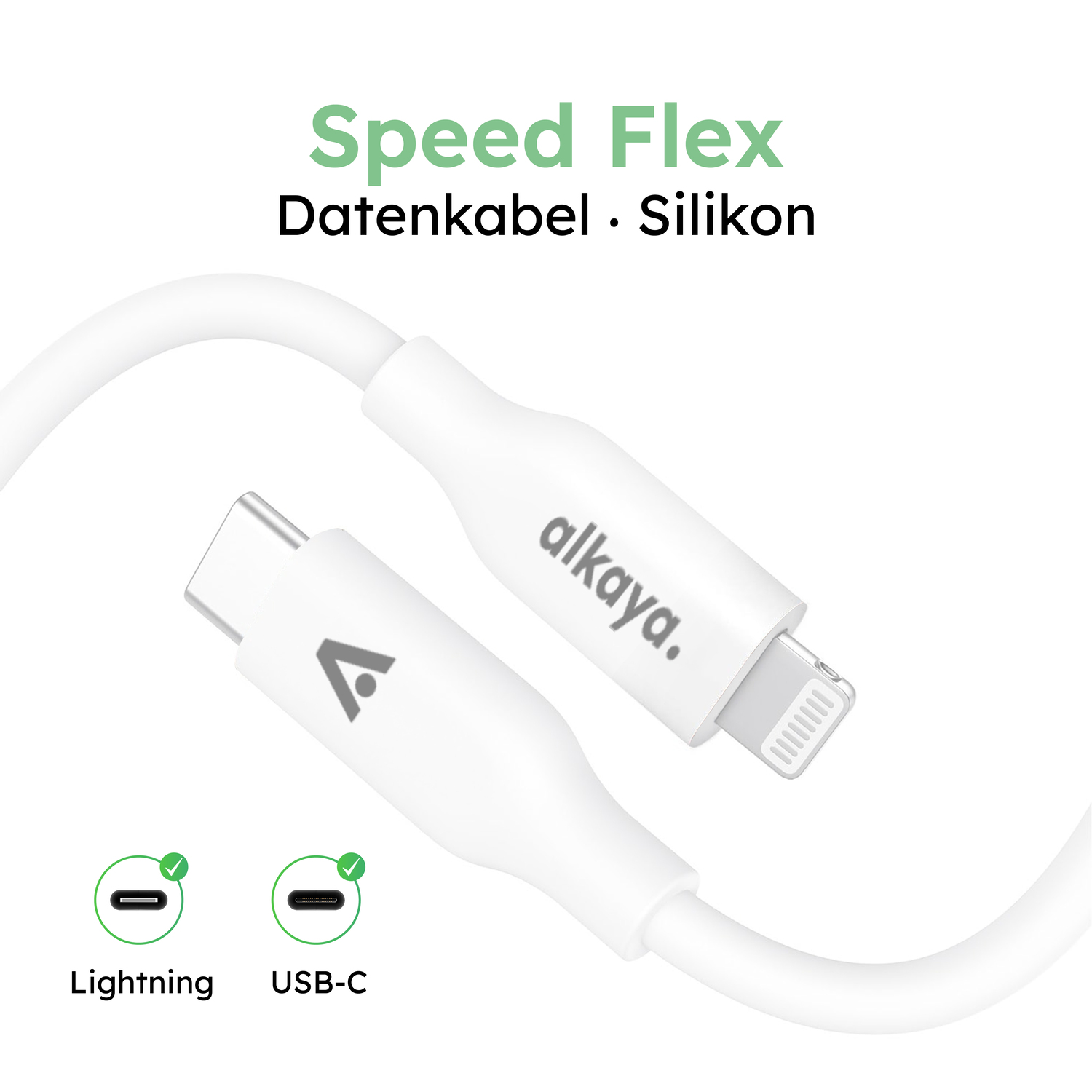 alkaya. | Speed Flex | Ladekabel | Silikon | USB C+L Weiß, 1 Meter