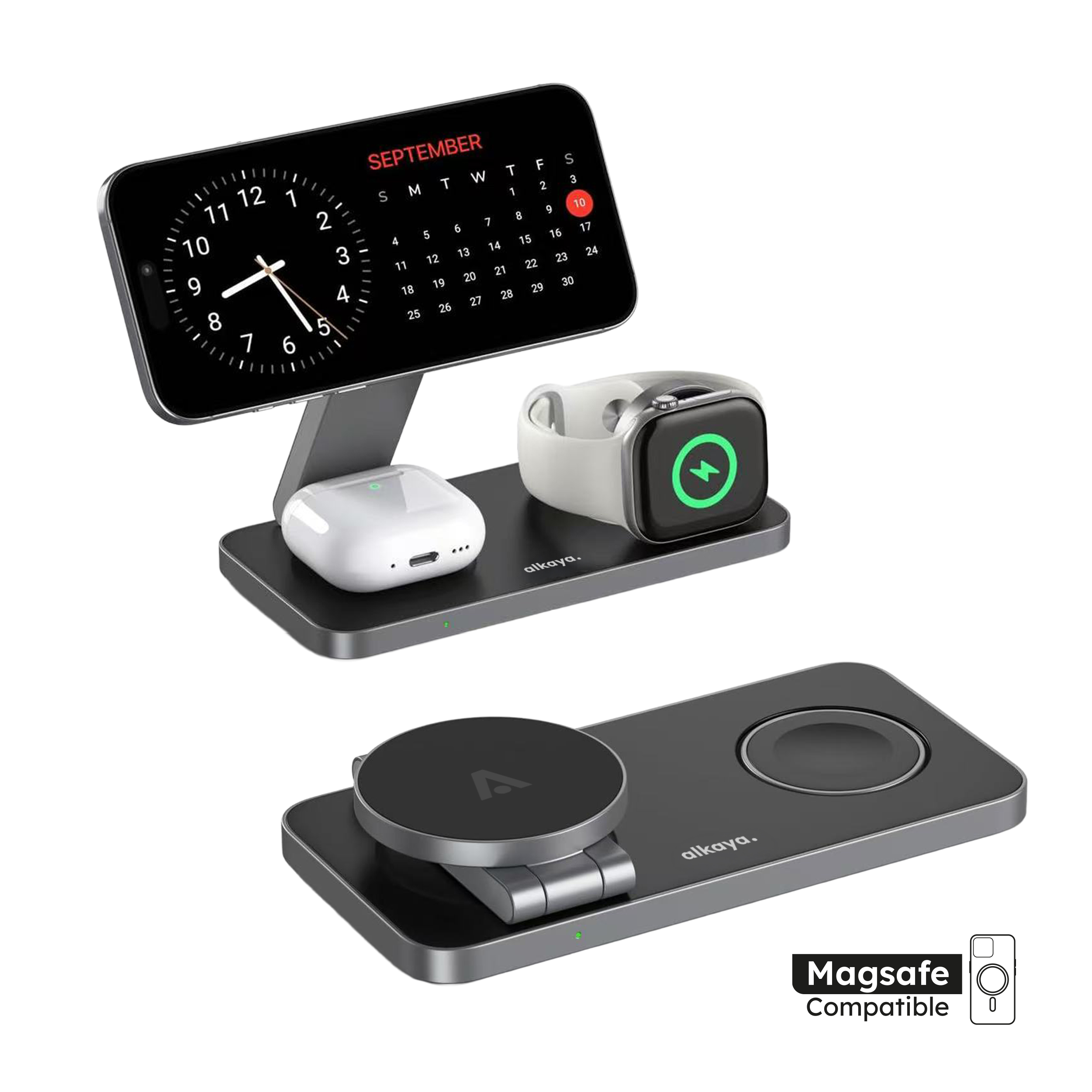 alkaya. | Tripod Wireless Ladestation - 3 in 1 | (Phone, Watch, Headset), Black