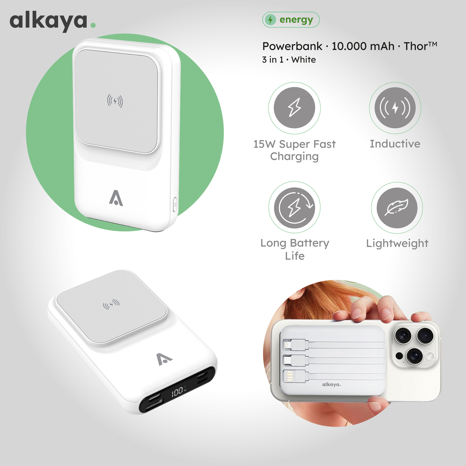 alkaya. | Thor | 10.000 mAh Powerbank 3 in 1: Induktives Laden, unterstützt MagSafe-Technologie, weiß