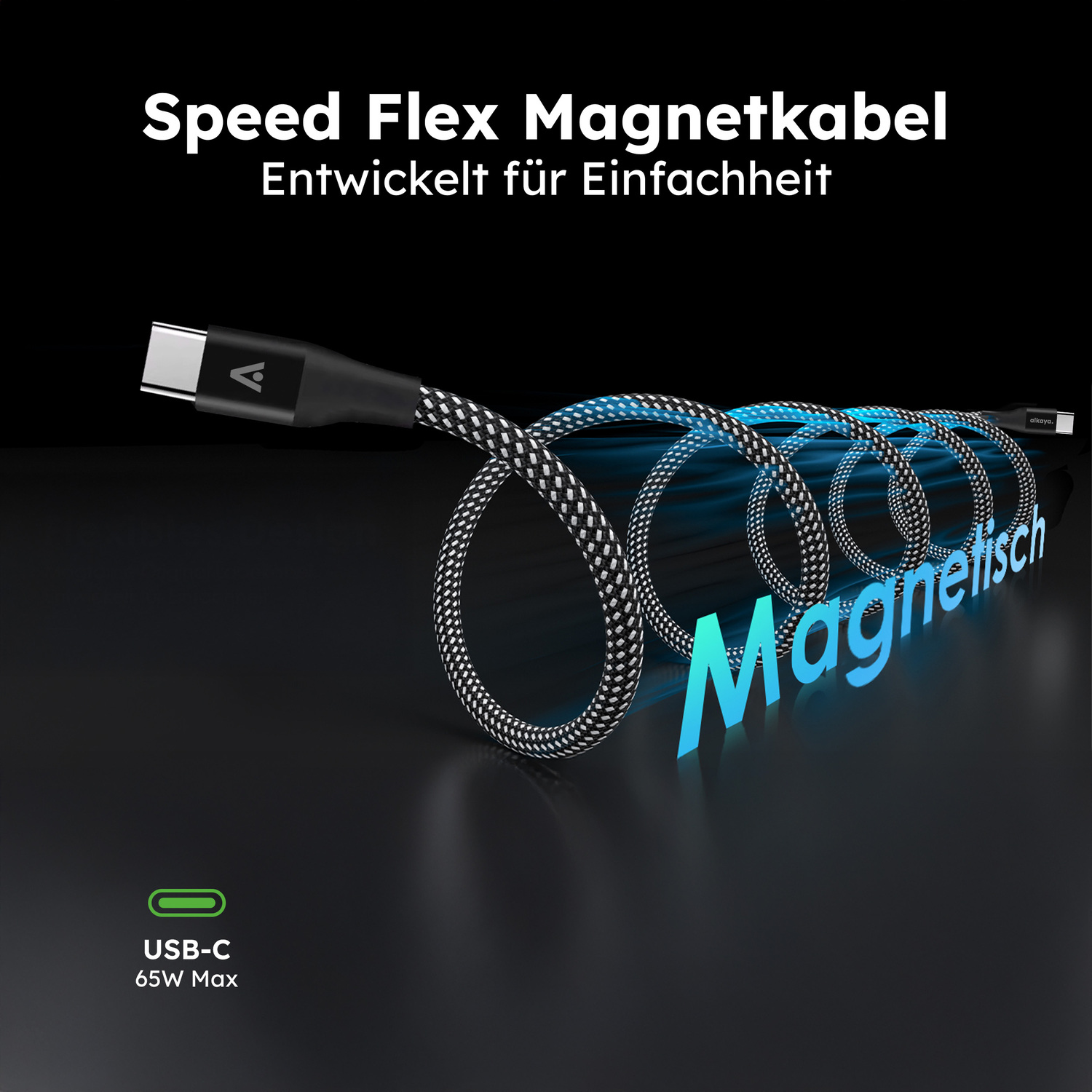 alkaya. | Speed Flex | Magnetisches Ladekabel | Geflochten | USB C+C, schwarz, 1 Meter