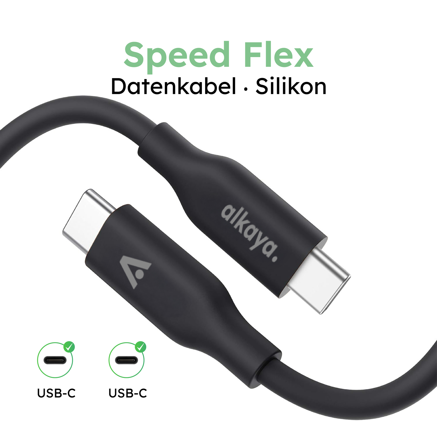 alkaya. | Speed Flex | Ladekabel | Silikon | USB C+C Schwarz, 1 Meter