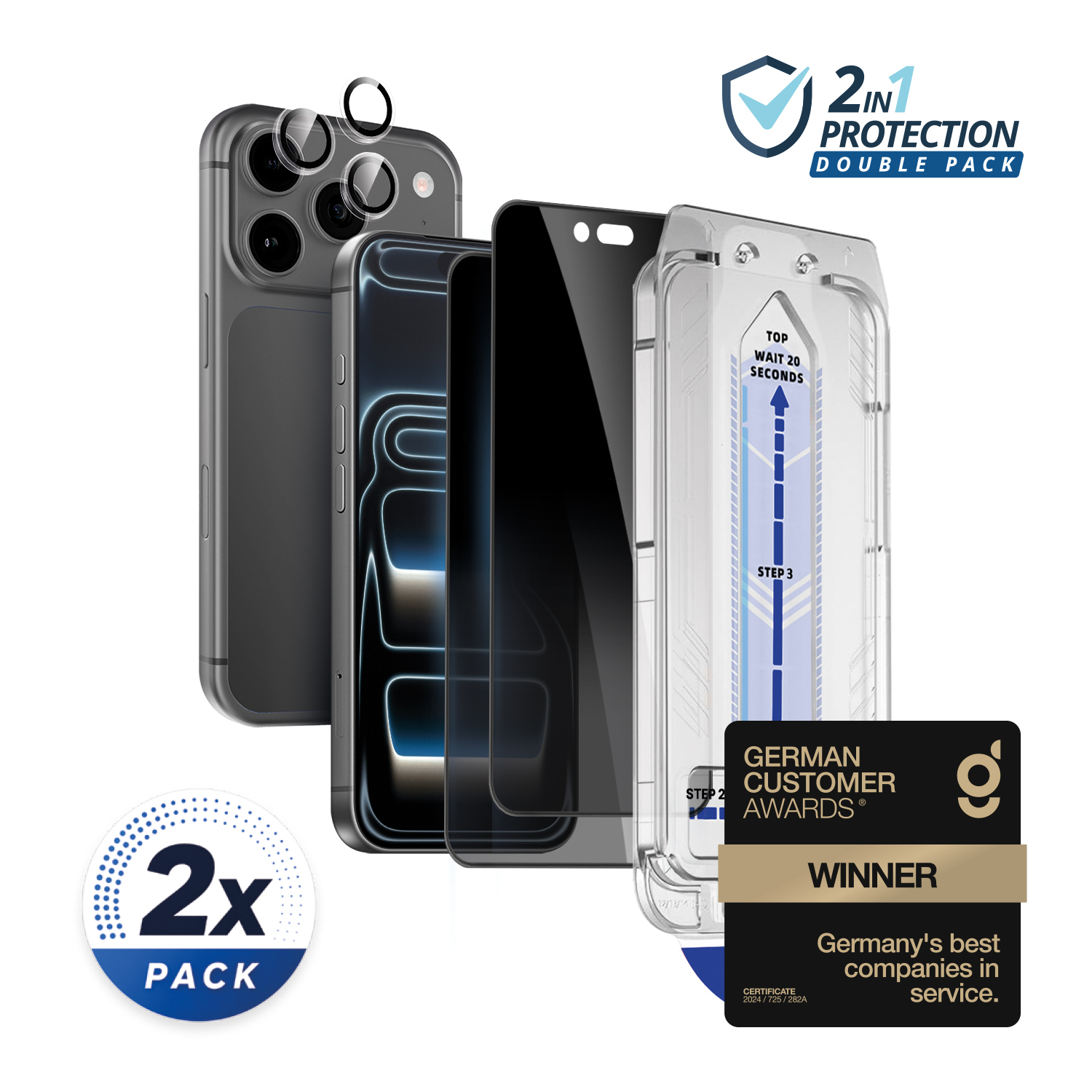 alkaya. | 2 In 1 A Shield | 2x Displayschutzglas mit Installation Kit + 1x Kameraschutzglas, privacy, iPhone 18 Pro Max