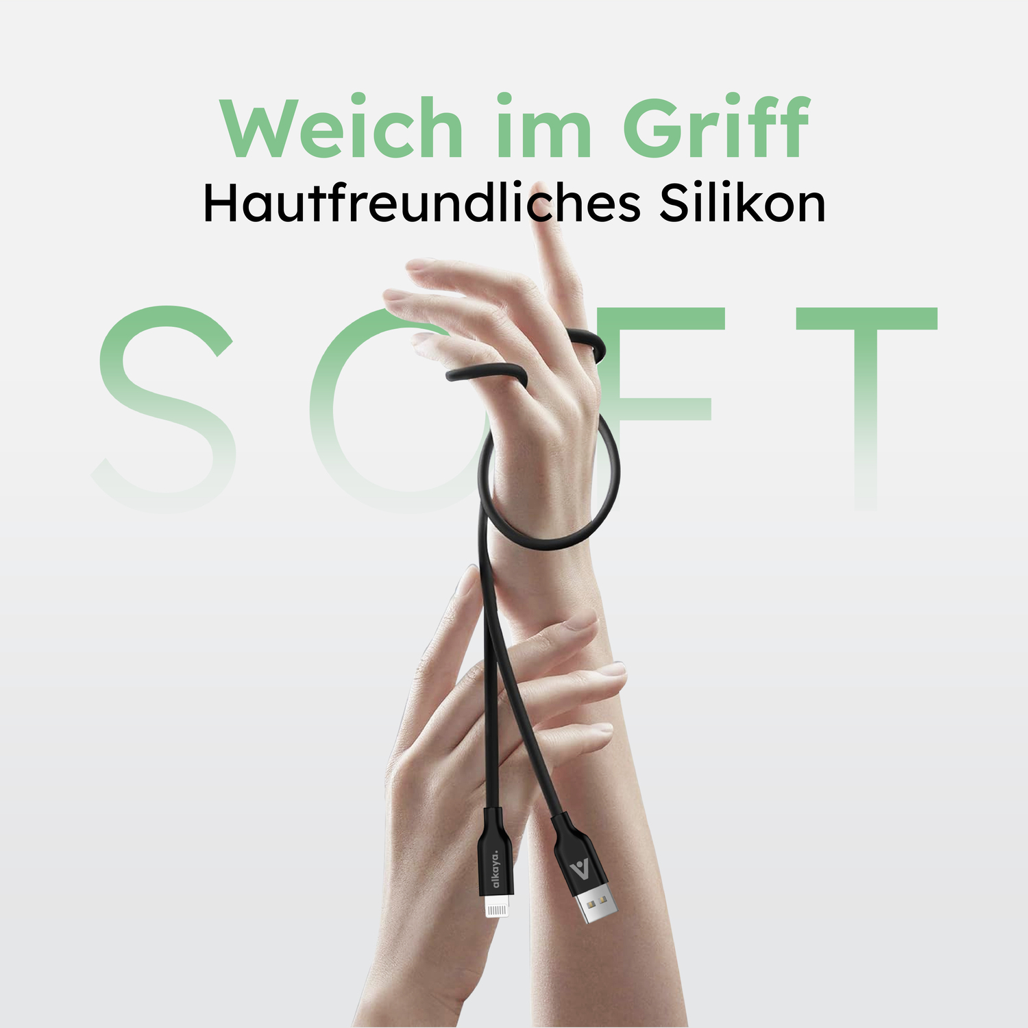 alkaya. | Speed Flex | Ladekabel | Silikon | USB A+L Schwarz, 1 Meter