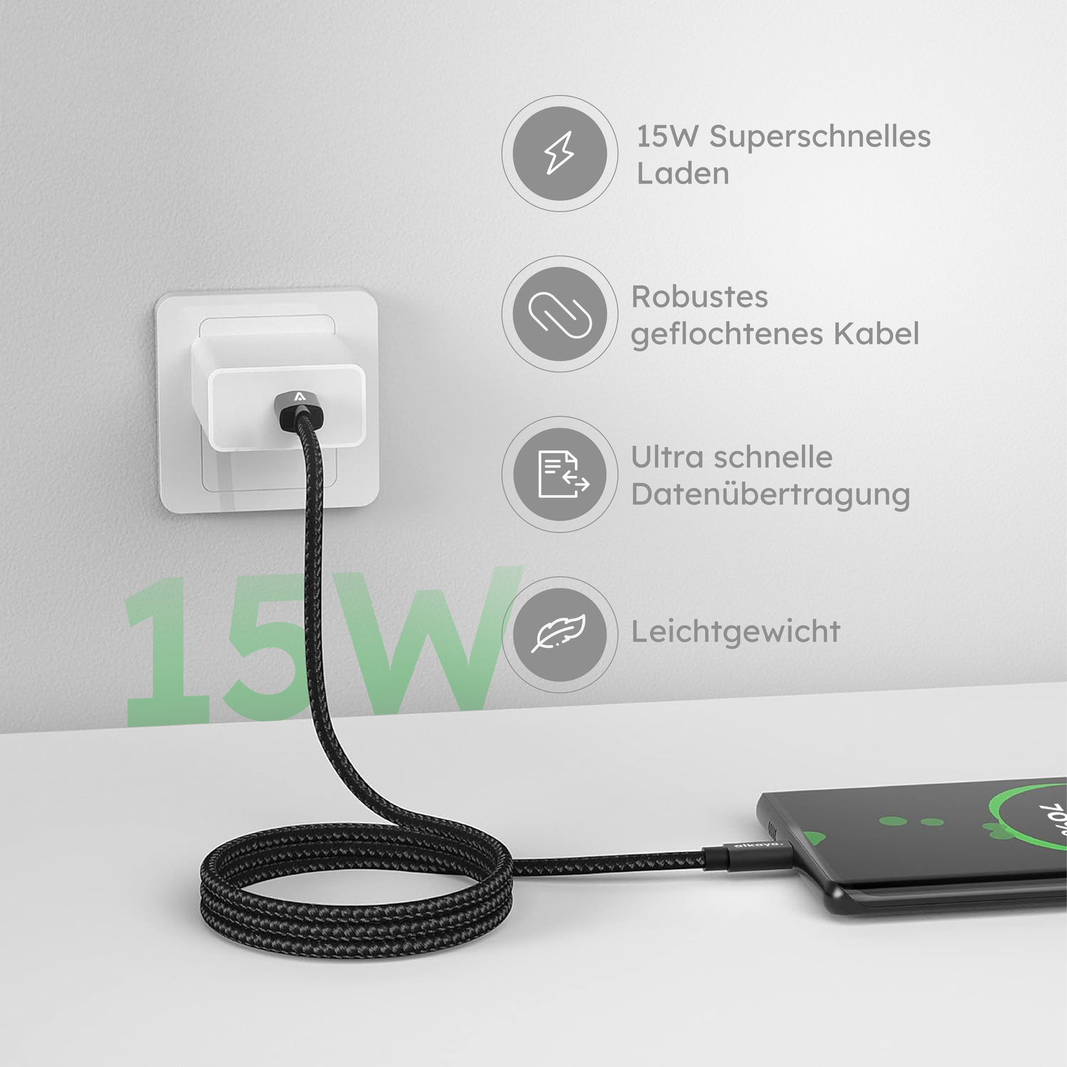 alkaya. | Speed Flex | Ladekabel | Geflochten | USB C+L schwarz, 1Meter