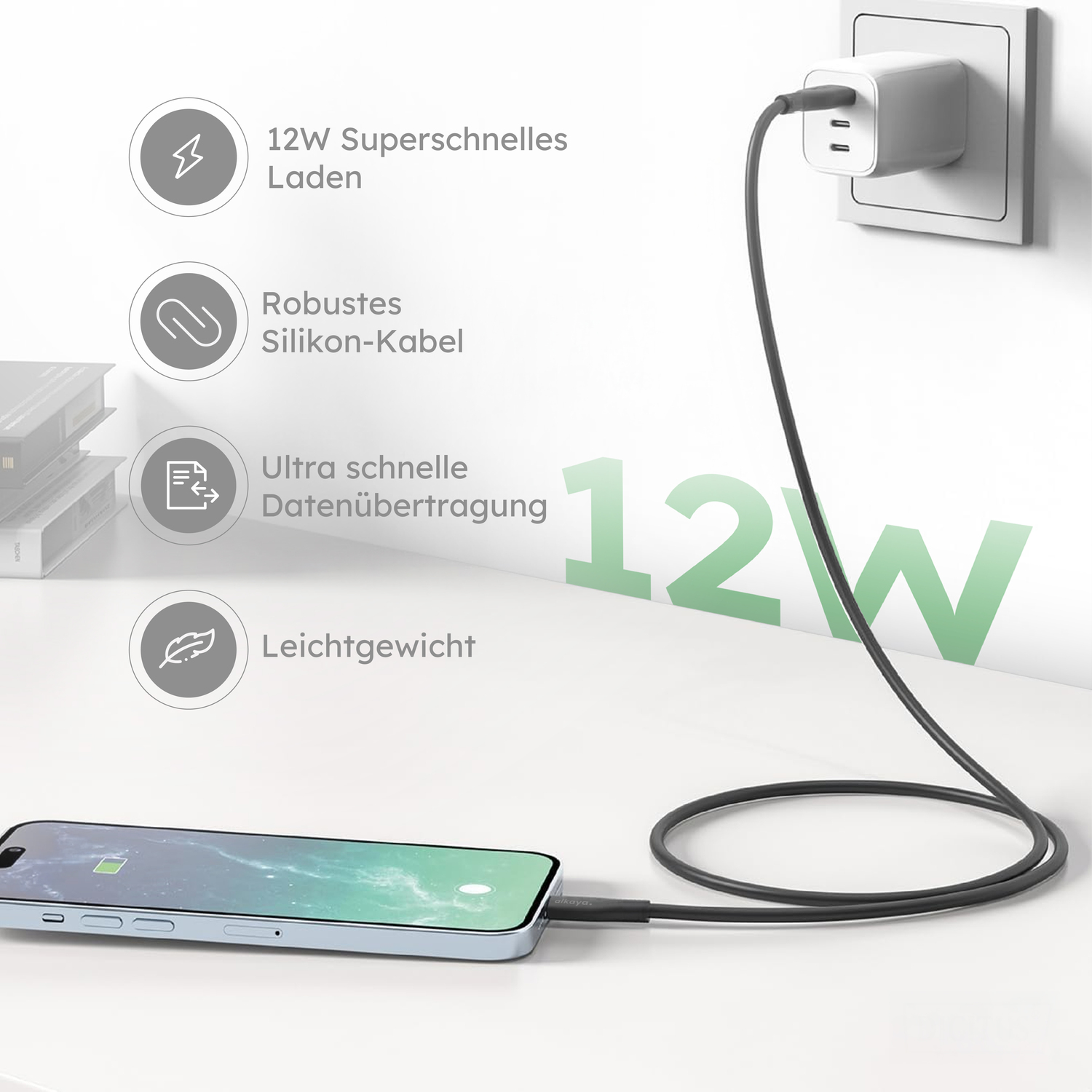 alkaya. | Speed Flex | Ladekabel | Silikon | USB A+L Schwarz, 1 Meter