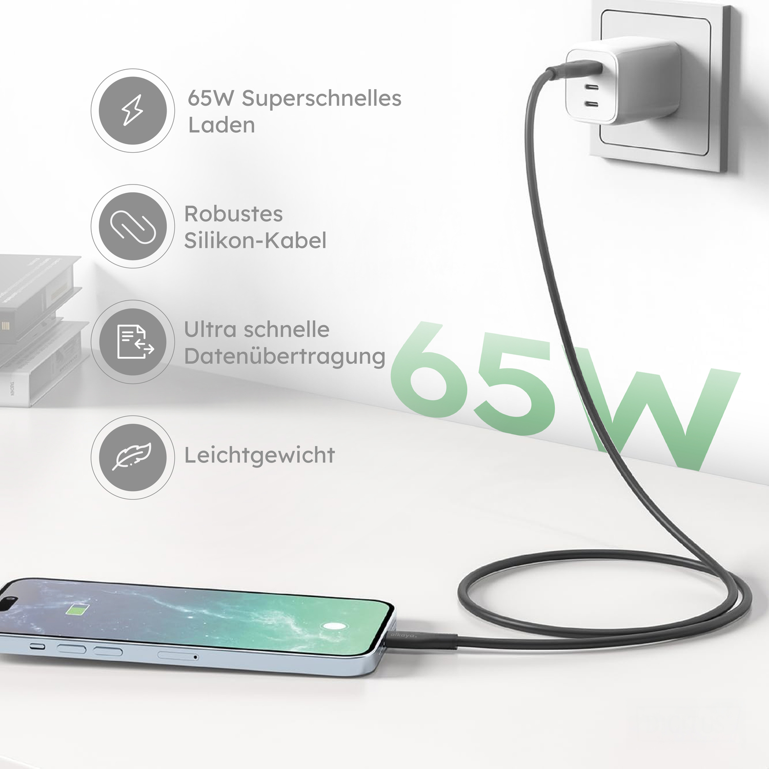 alkaya. | Speed Flex | Ladekabel | Silikon | USB C+C Schwarz, 1 Meter