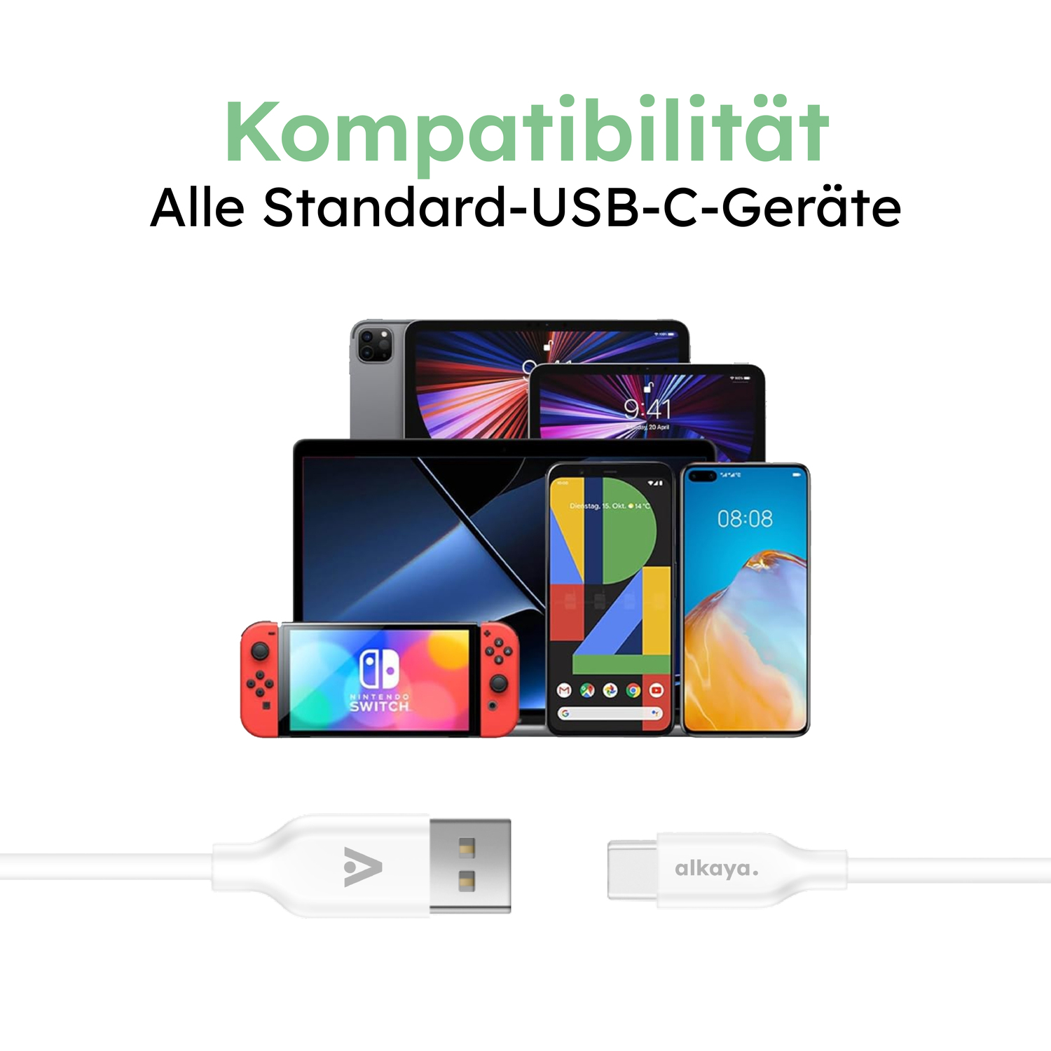 alkaya. | Speed Flex | Ladekabel | Silikon | USB A+C Weiß, 1 Meter