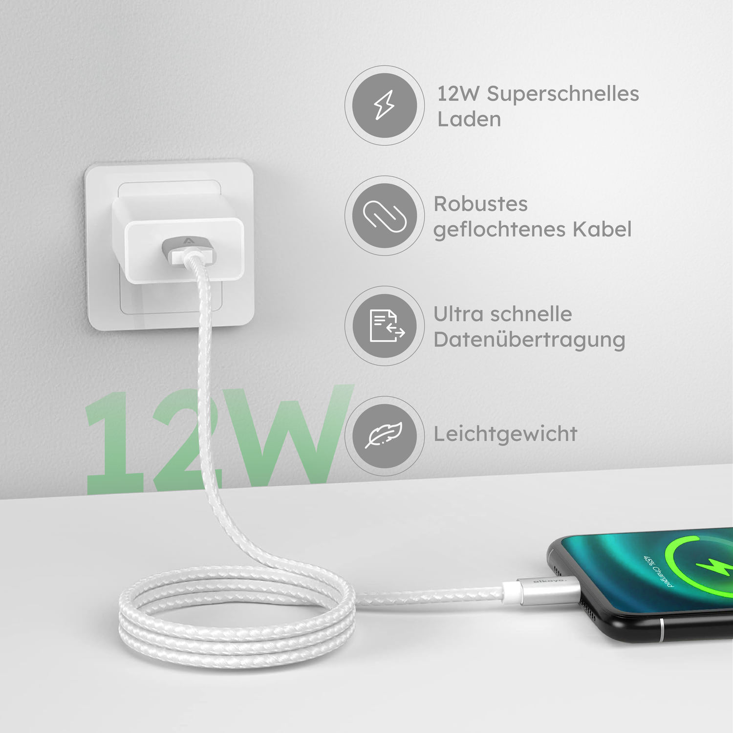 alkaya. | Speed Flex | Ladekabel | Geflochten | USB A+L Weiß, 1 Meter
