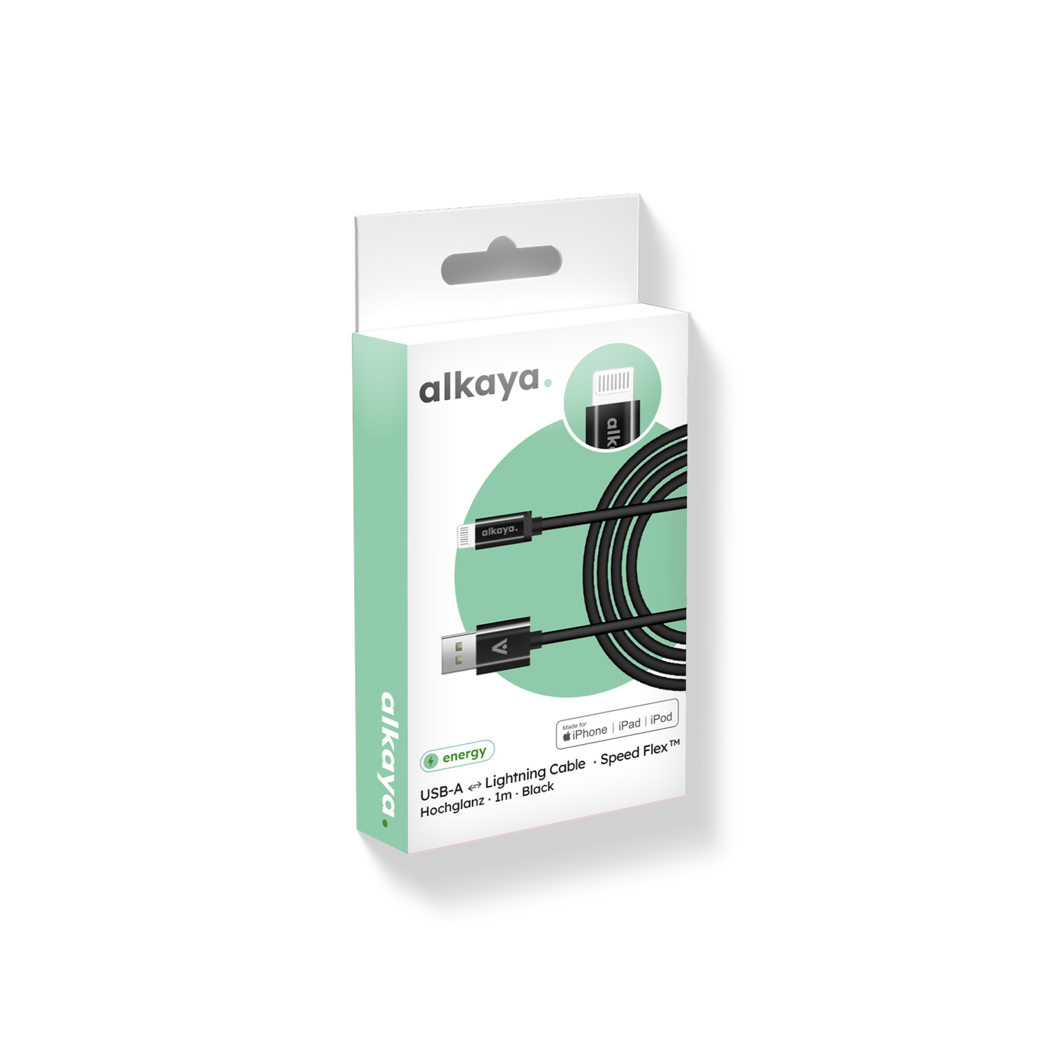alkaya. | Speed Flex | Ladekabel | Hochglanz | USB A+L Schwarz, 1 Meter