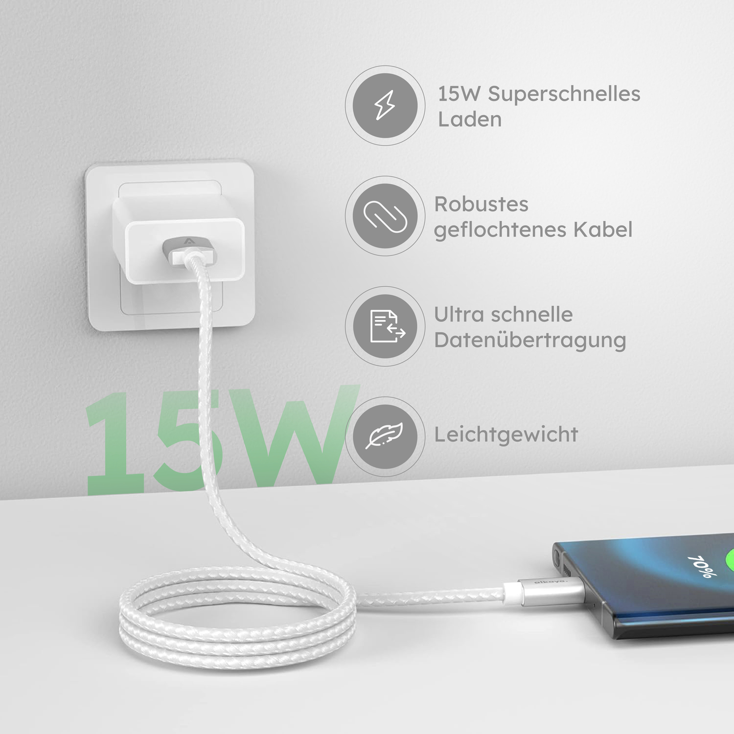alkaya. | Speed Flex | Ladekabel | Geflochten | USB A+C Weiß, 1 Meter