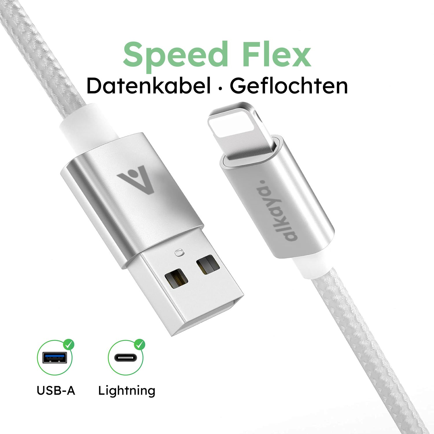 alkaya. | Speed Flex | Ladekabel | Geflochten | USB A+L Weiß, 1 Meter