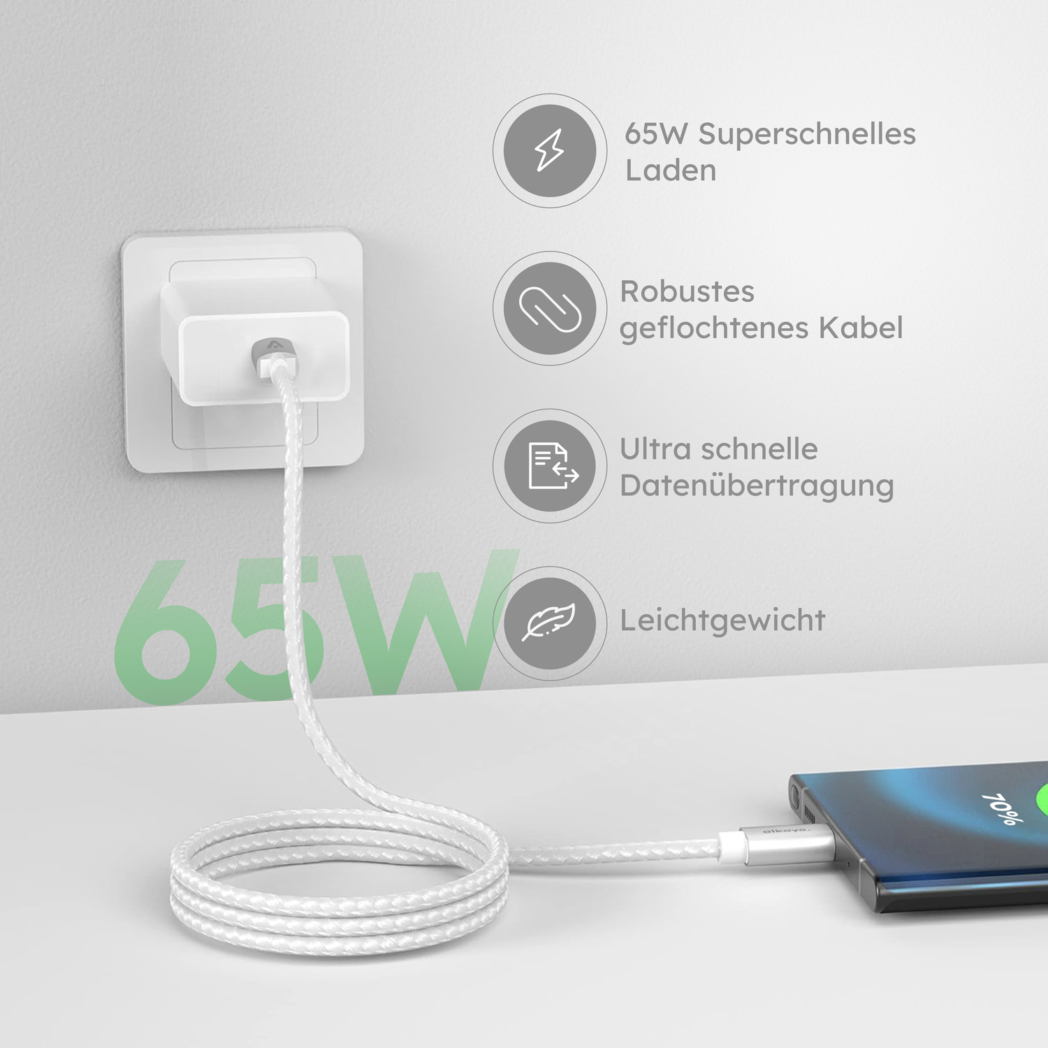 alkaya. | Speed Flex | Ladekabel | Geflochten | USB C+C Weiß, 1 Meter