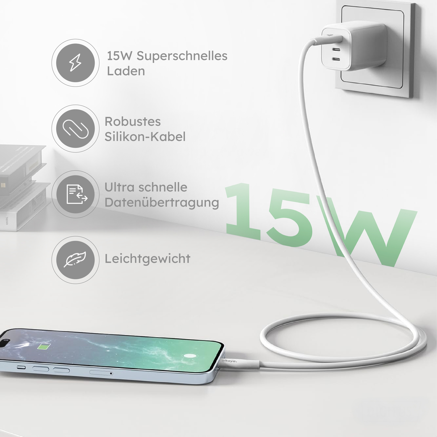 alkaya. | Speed Flex | Ladekabel | Silikon | USB C+L Weiß, 1 Meter