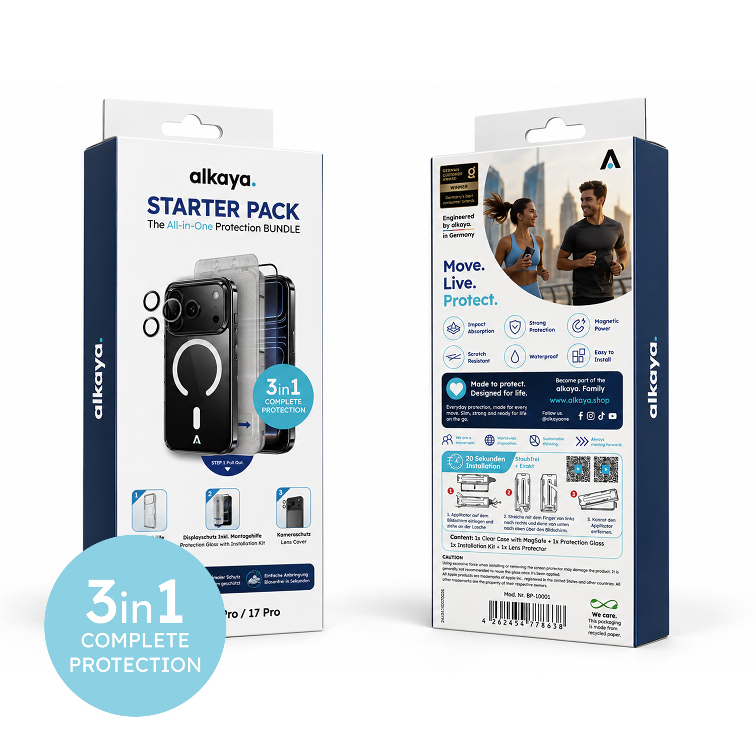 alkaya. | 3 In 1 A Shield | Clear Case + Displayschutzglas + Installation Kit + Kamerasschutzglas, iPhone 18 Pro/17 Pro