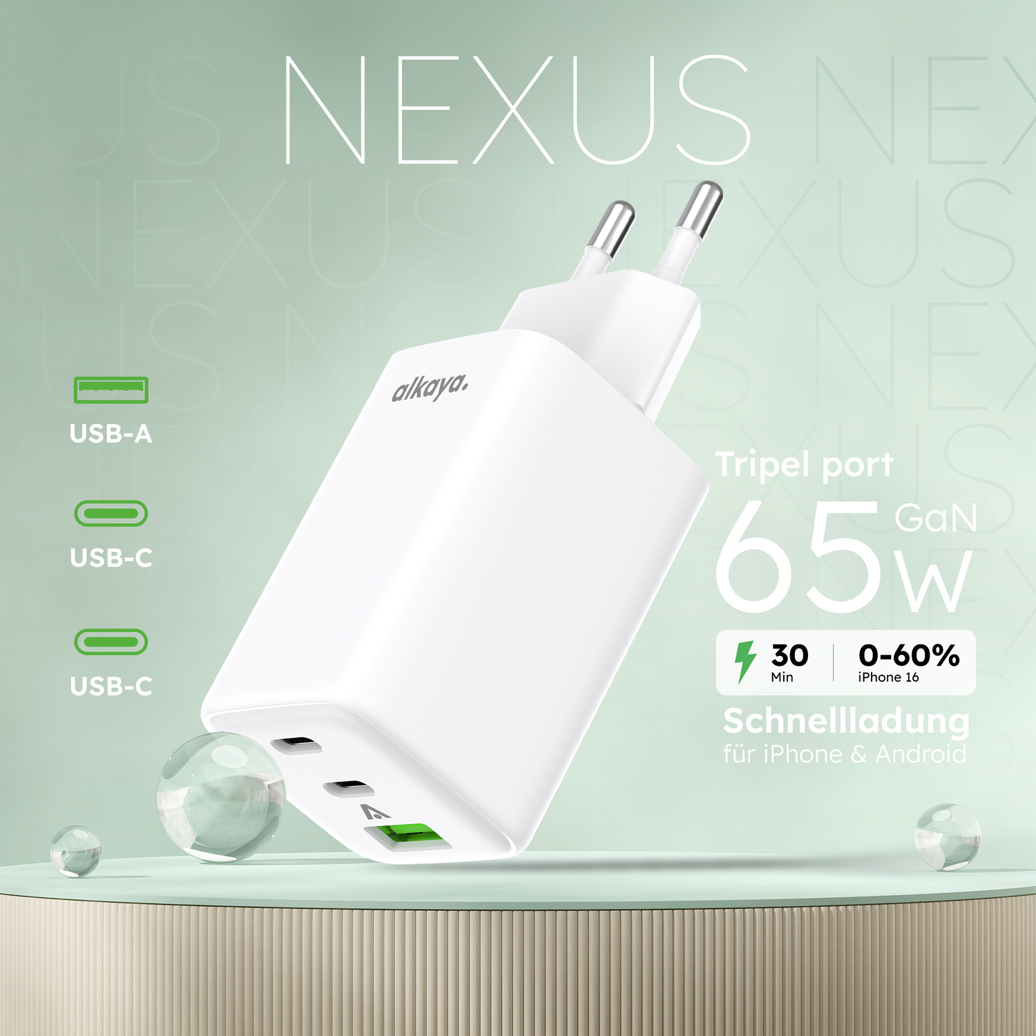 alkaya. | NEXUS | Ladegerät mit GaN Technologie | 65W Weiß, USB C+C+A