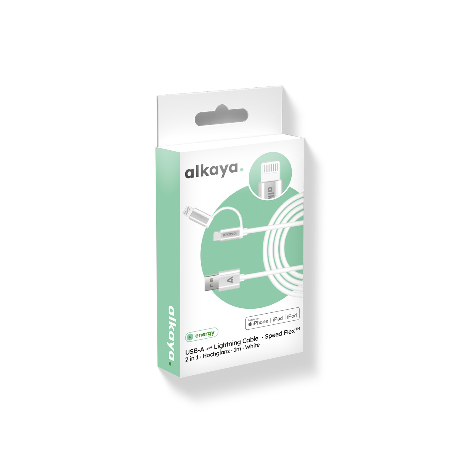 alkaya. | Speed Flex | 2 in 1 Ladekabel | Hochglanz | USB A+C+L Weiß, 1 Meter
