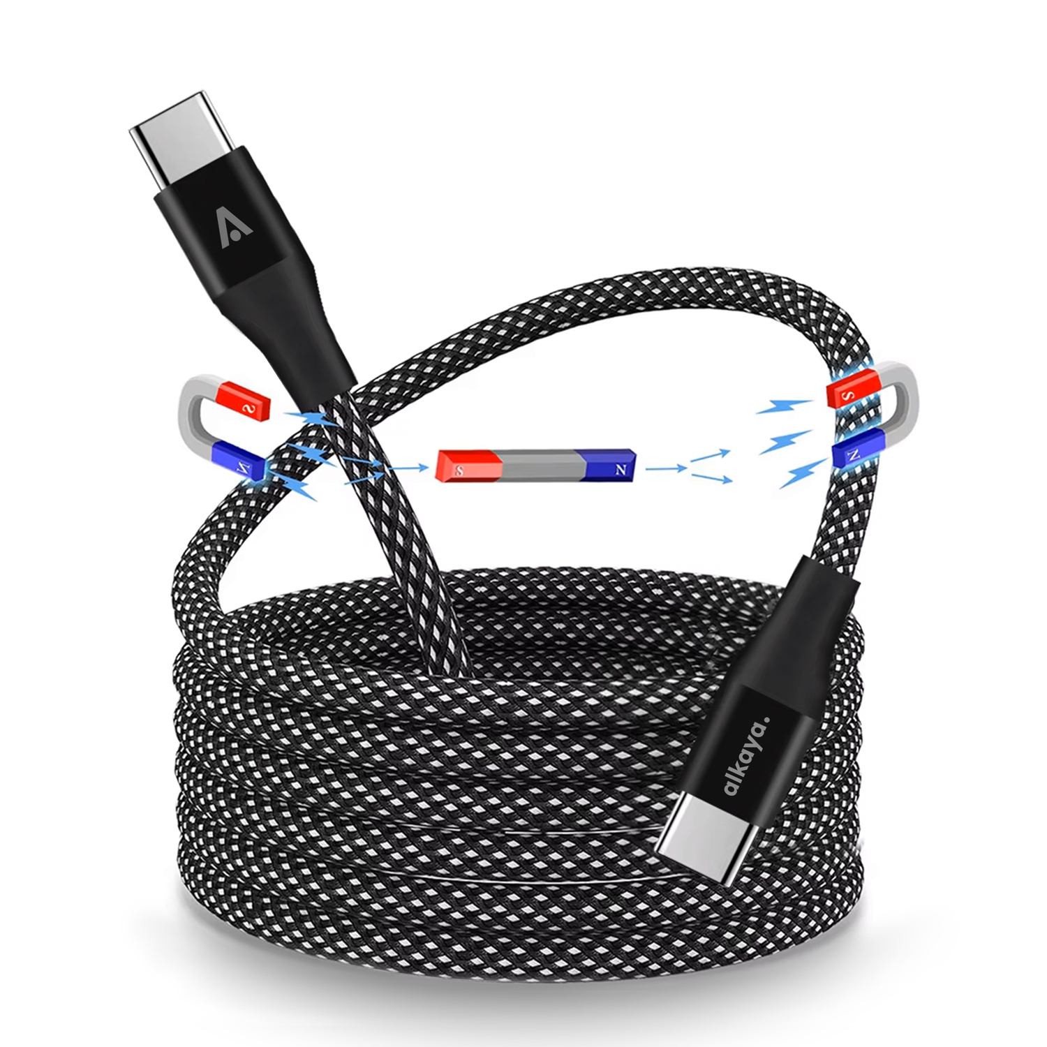 alkaya. | Speed Flex | Magnetisches Ladekabel | Geflochten | USB C+C, schwarz, 1 Meter
